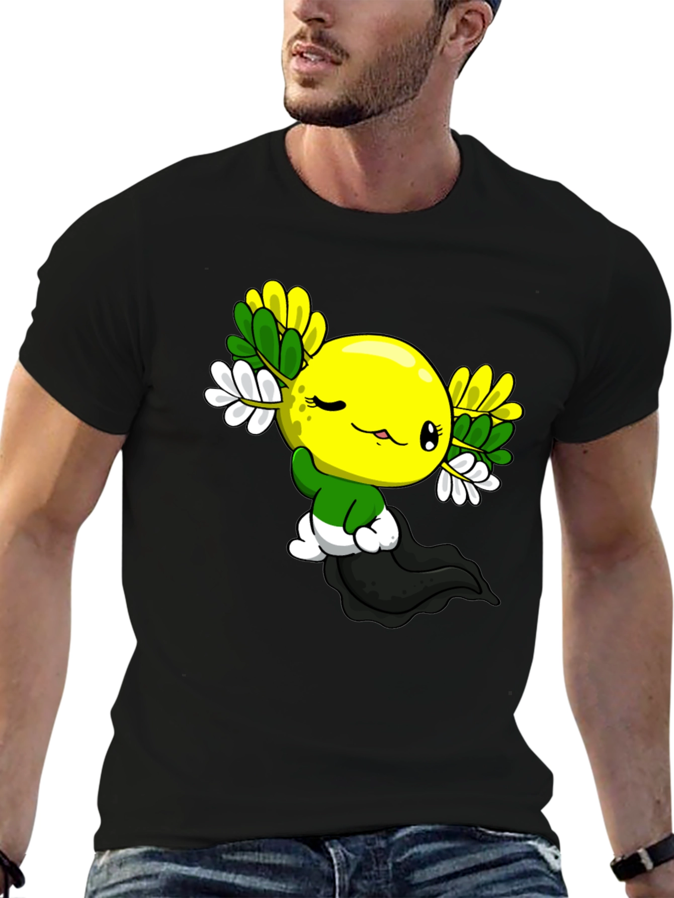 Cute Cartoon Axolotl Black T-Shirt