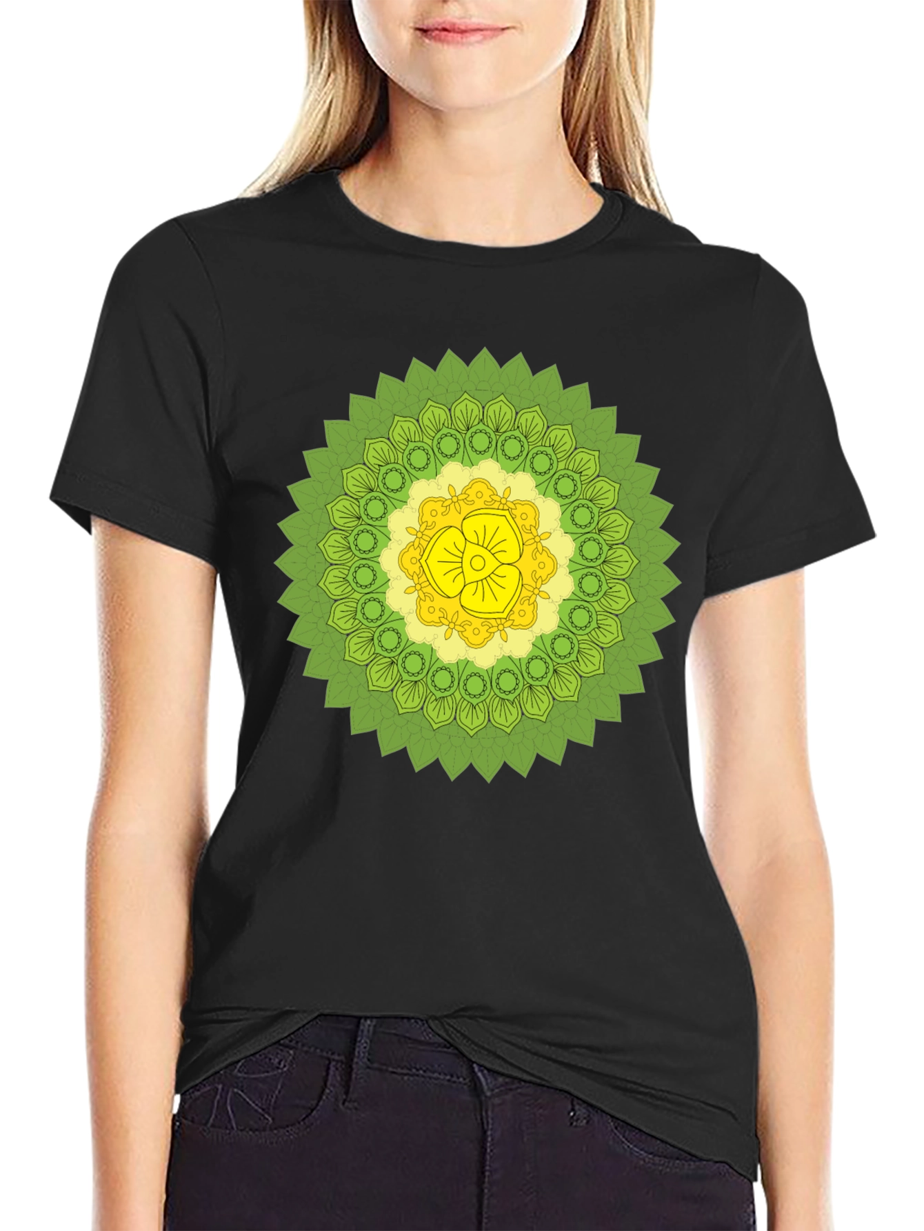 Black Tee with Green & Yellow Mandala