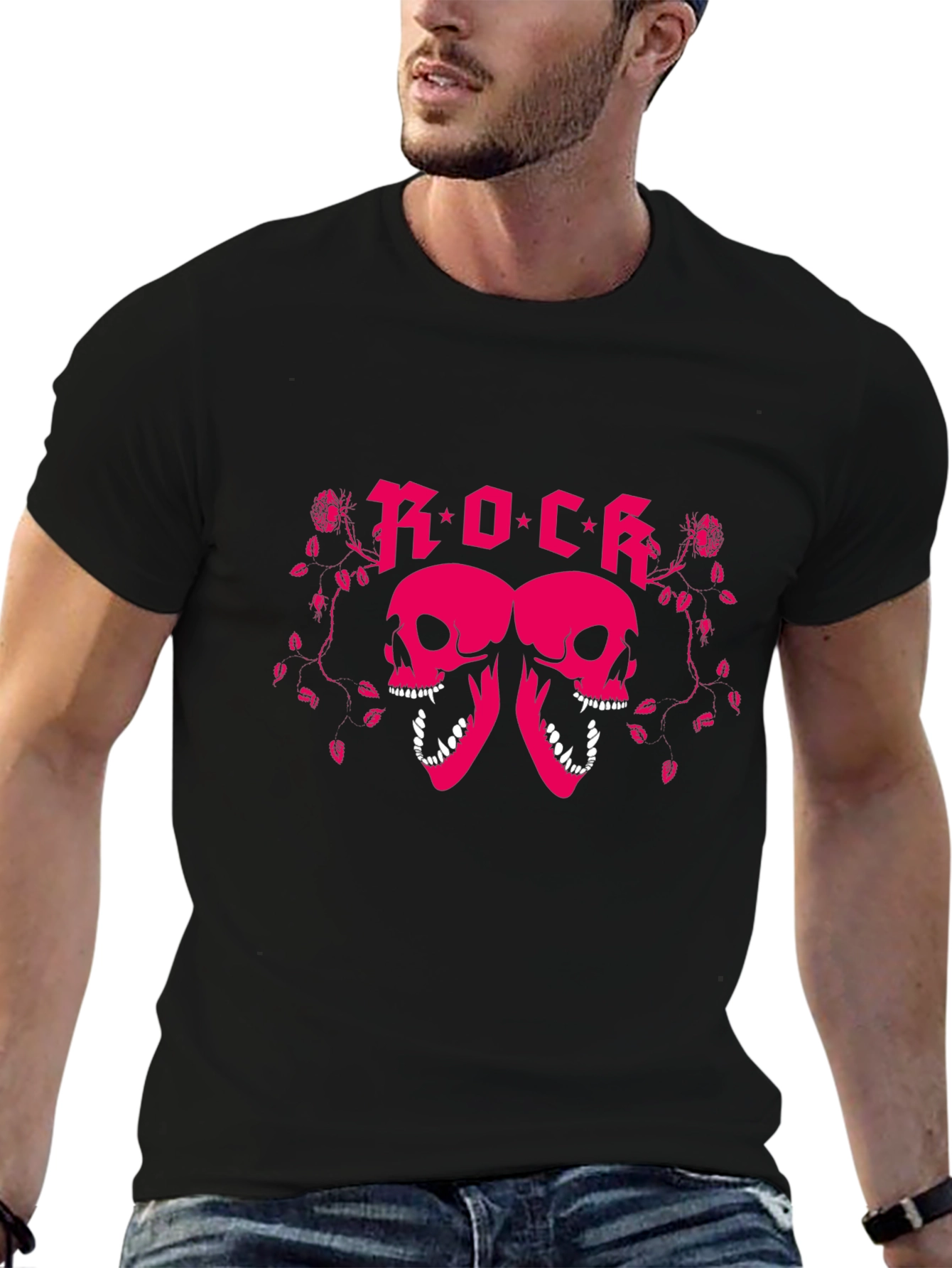 Rock Skull Graphic T-Shirt - Pink Design