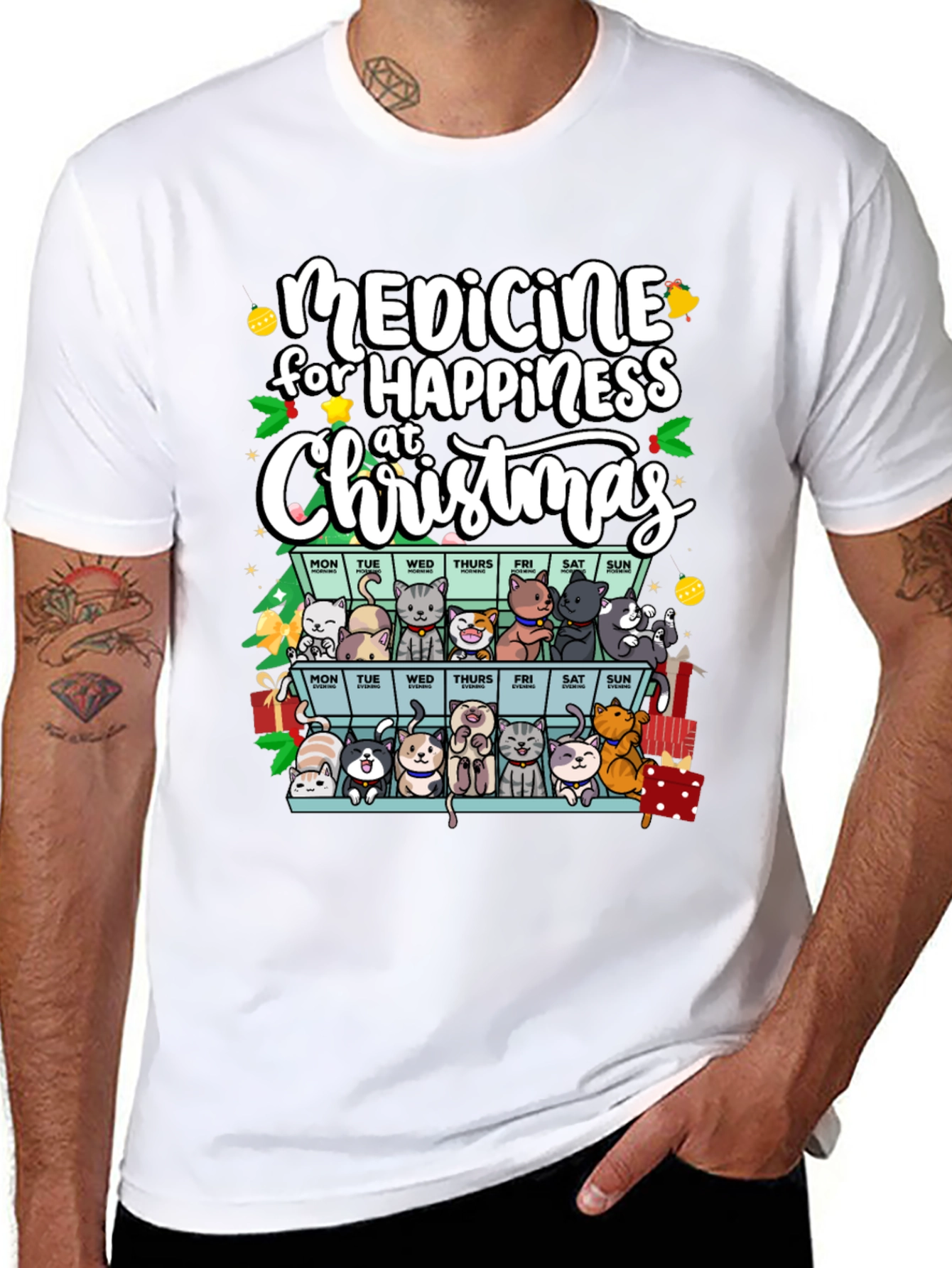 Medicine for Happiness Christmas Cat Lover T-Shirt