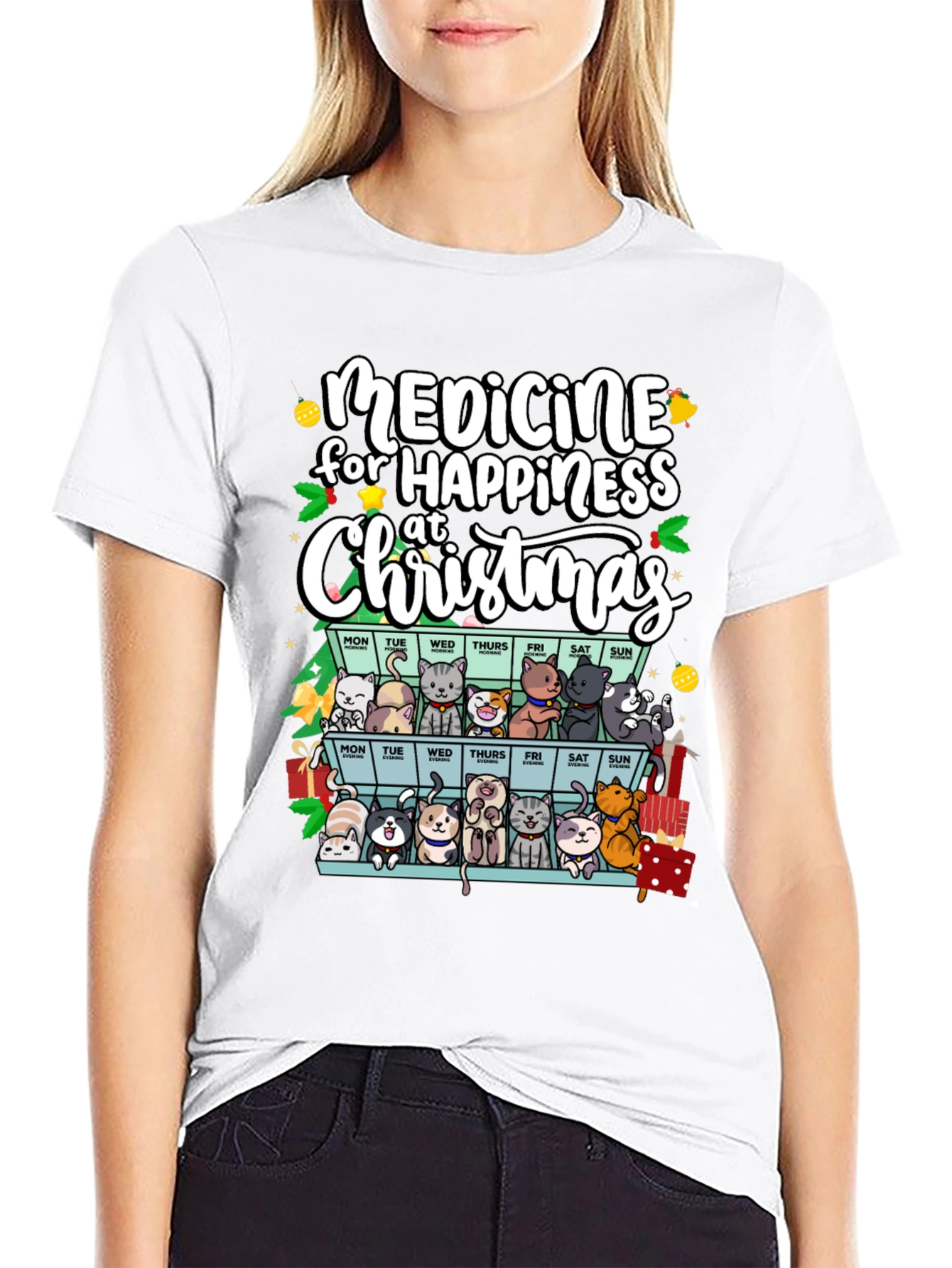 Medicine for Happiness Christmas Cat Lover T-Shirt