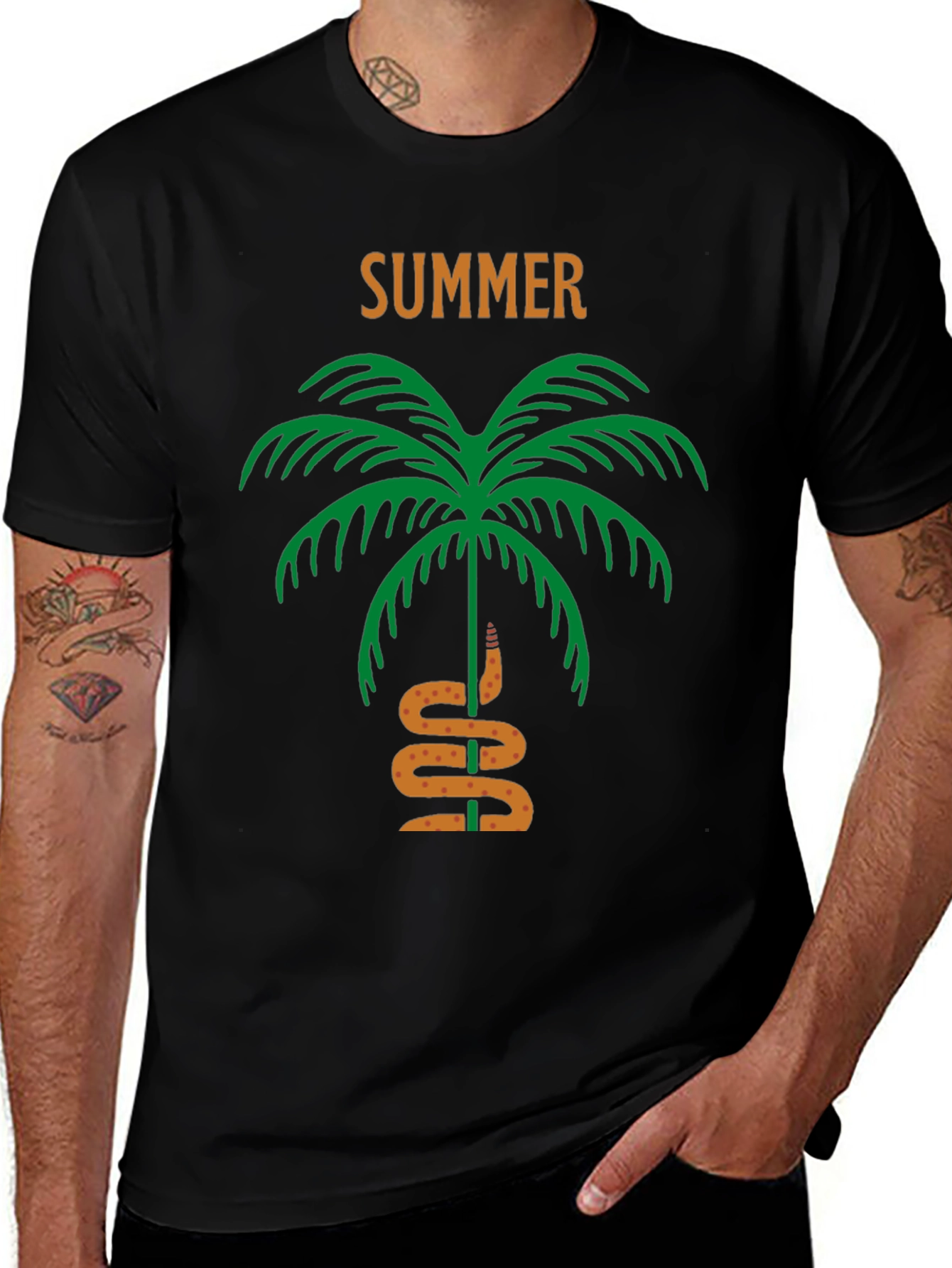 Summer Palm Tree & Snake Black T-Shirt