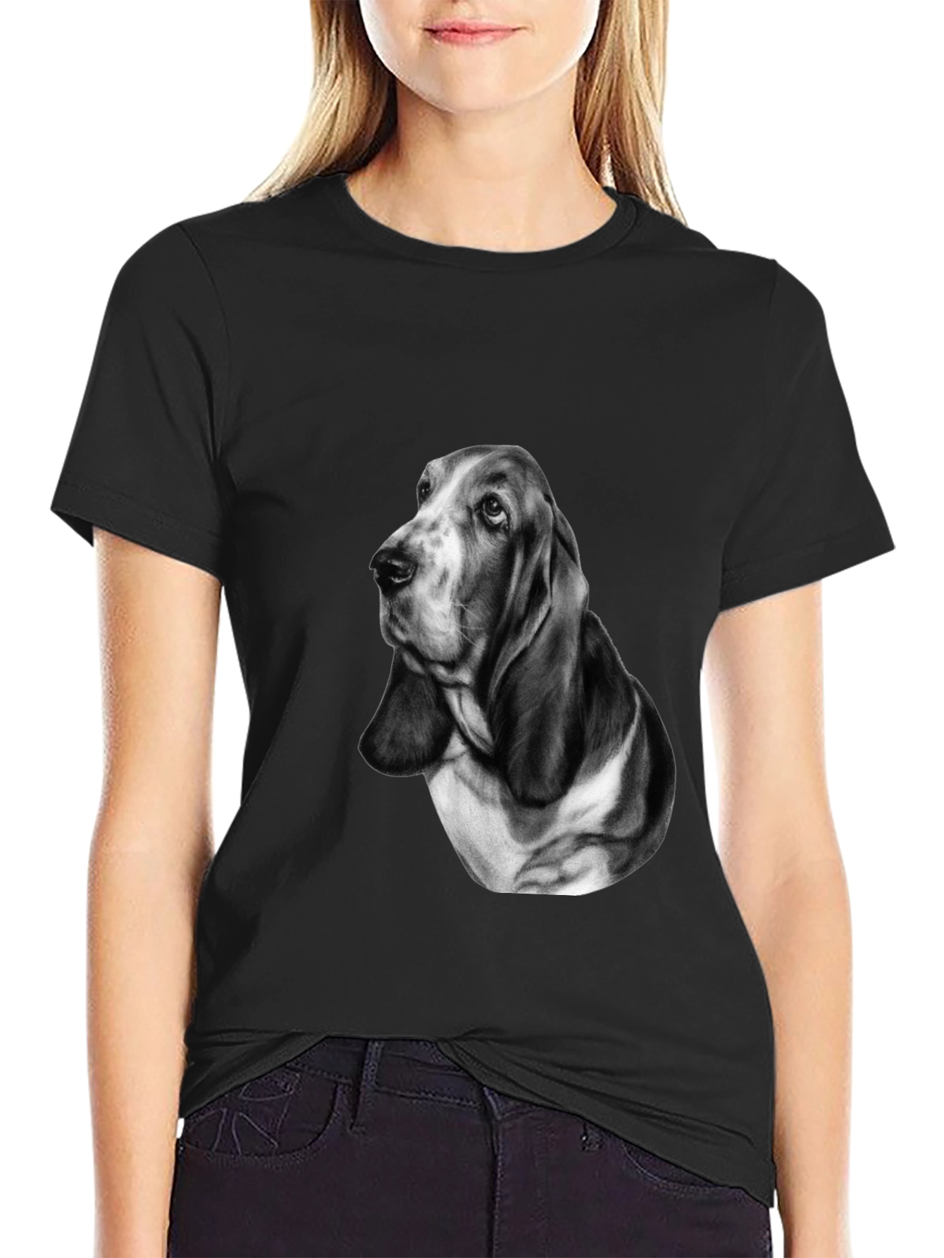 Basset Hound Dog Graphic Print Tee - Black