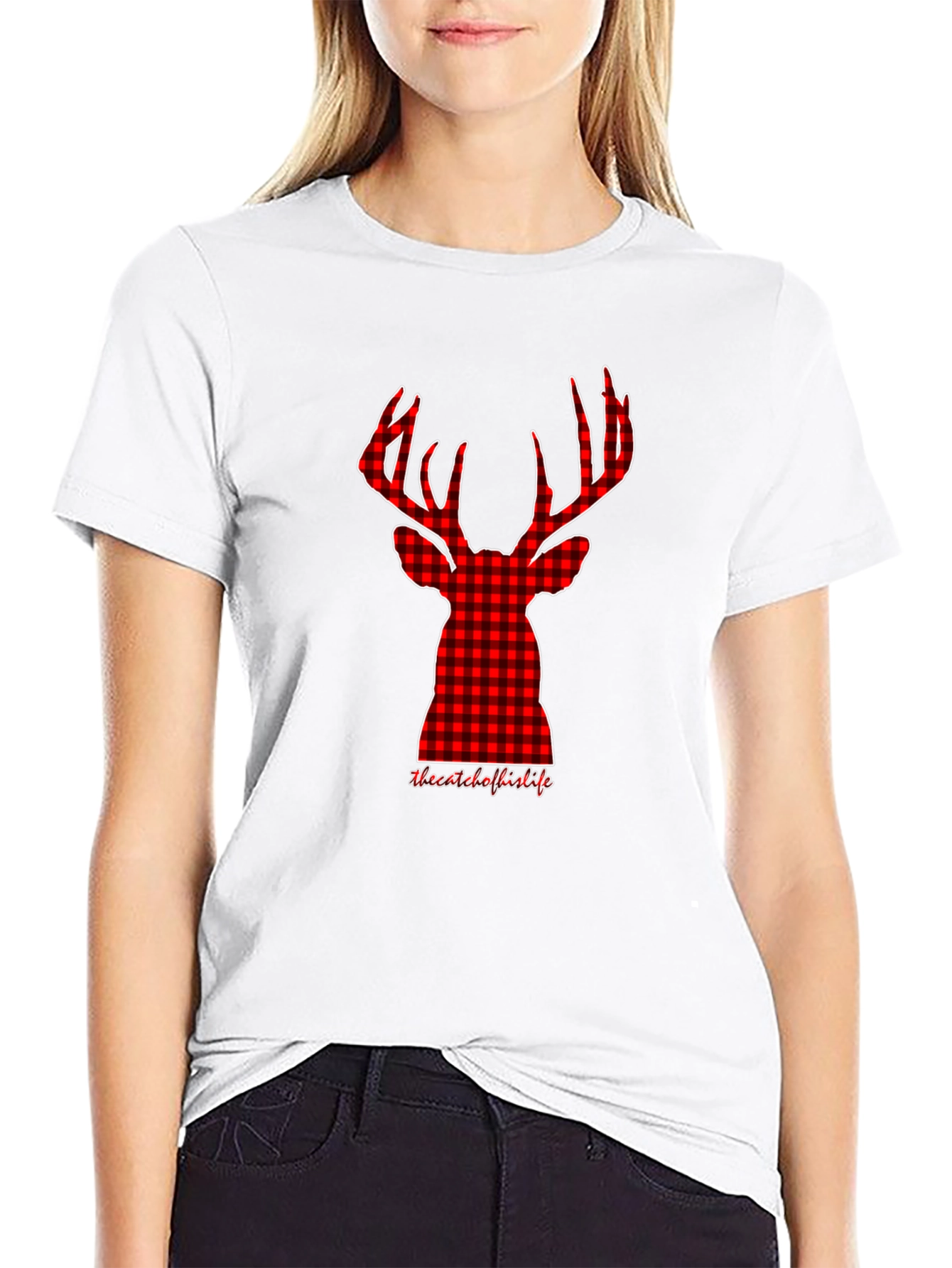 Red Plaid Deer Head Graphic Tee