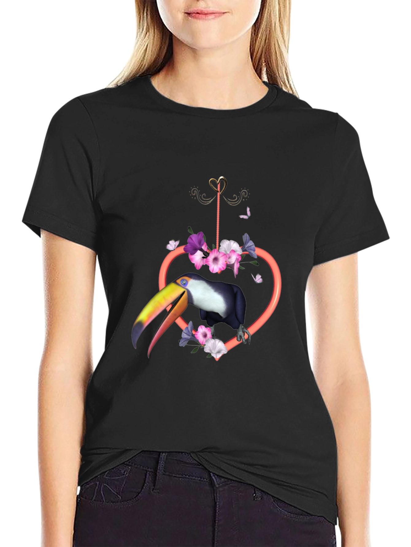 Tropical Toucan Heart Floral Graphic Tee