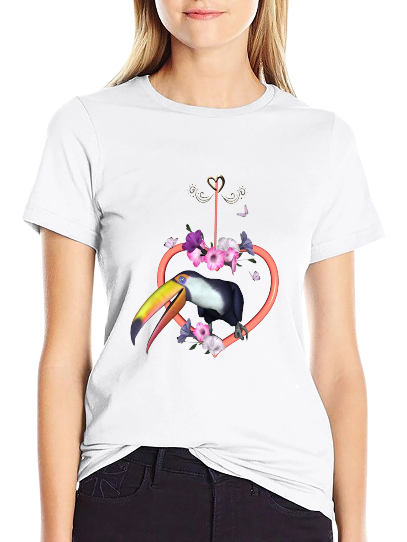 Tropical Toucan Heart Floral Graphic Tee