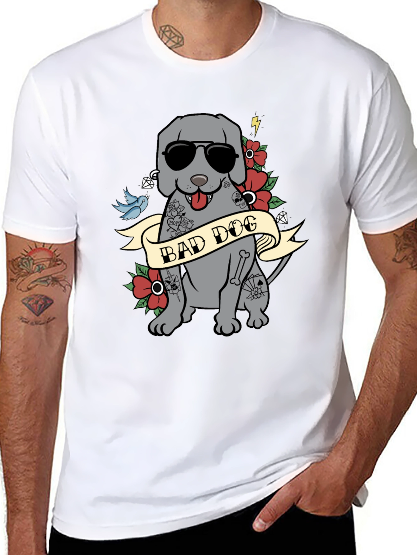 Bad Dog Tattoo Style T-Shirt - Mens Graphic Tee