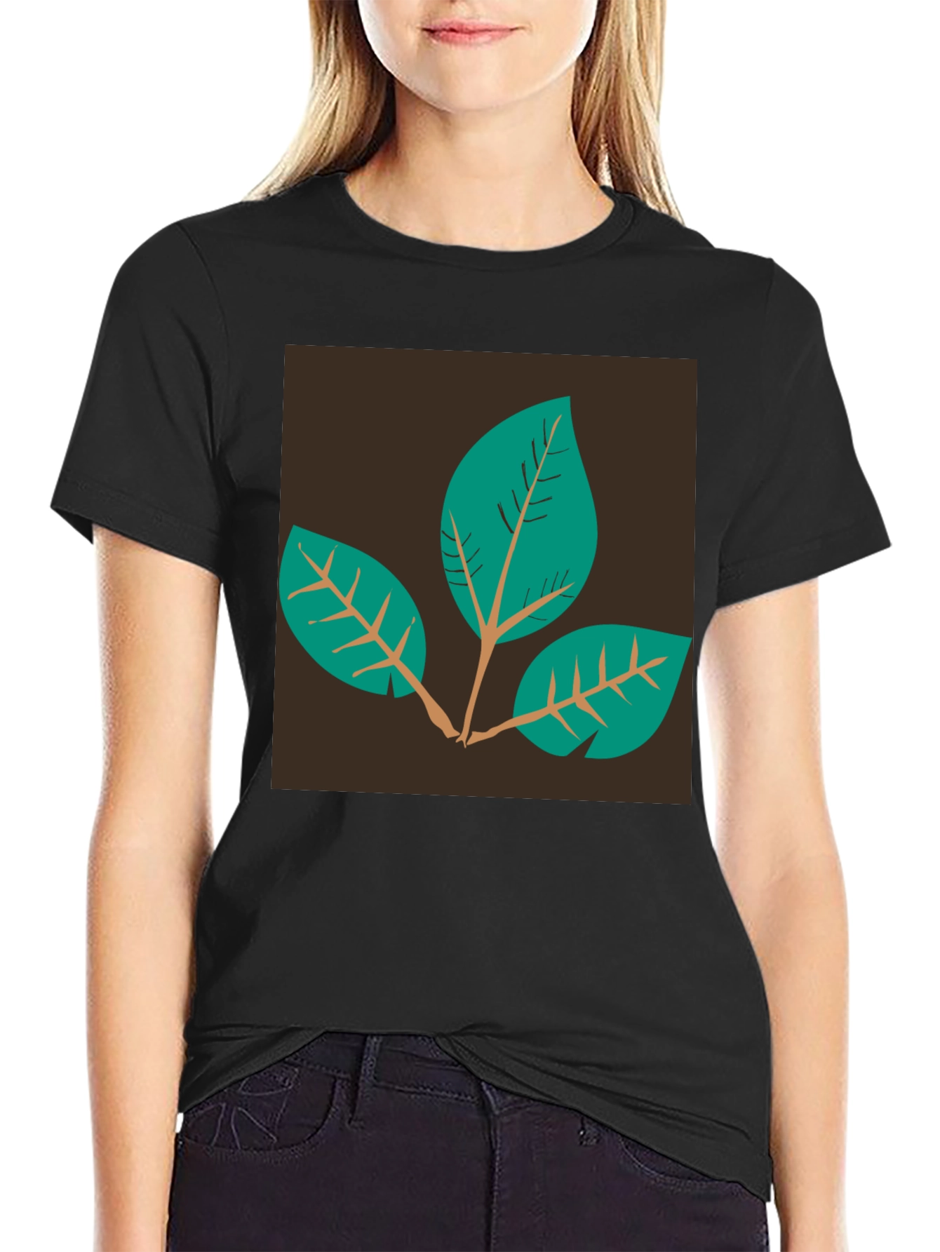 Leaf Motif Black T-Shirt