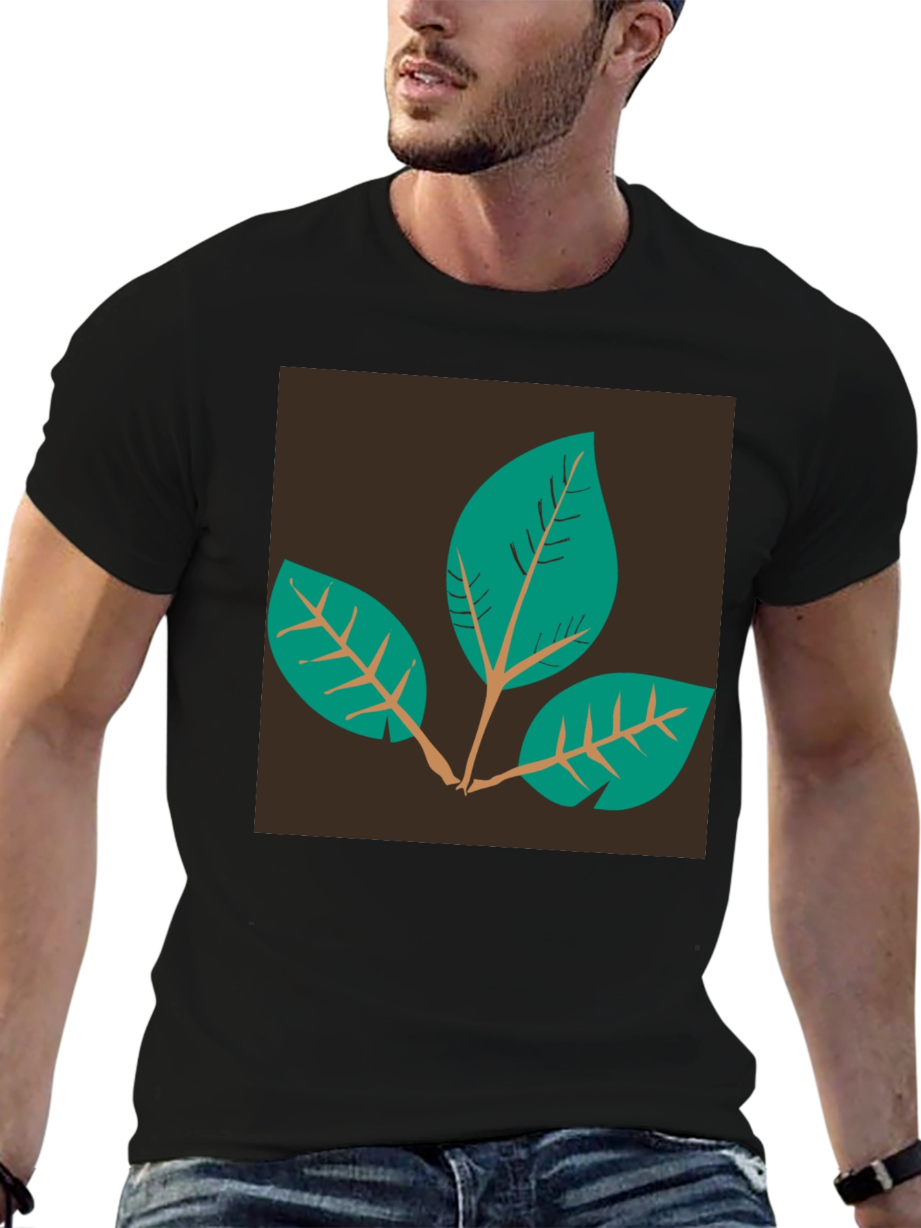 Leaf Motif Black T-Shirt