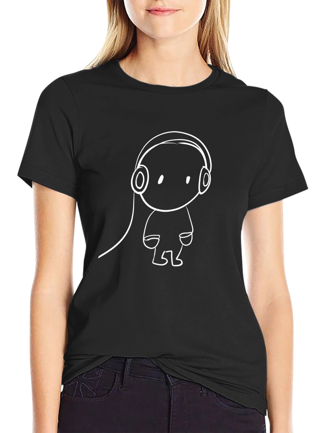 Cool Black T-Shirt with Cartoon Headphones Design