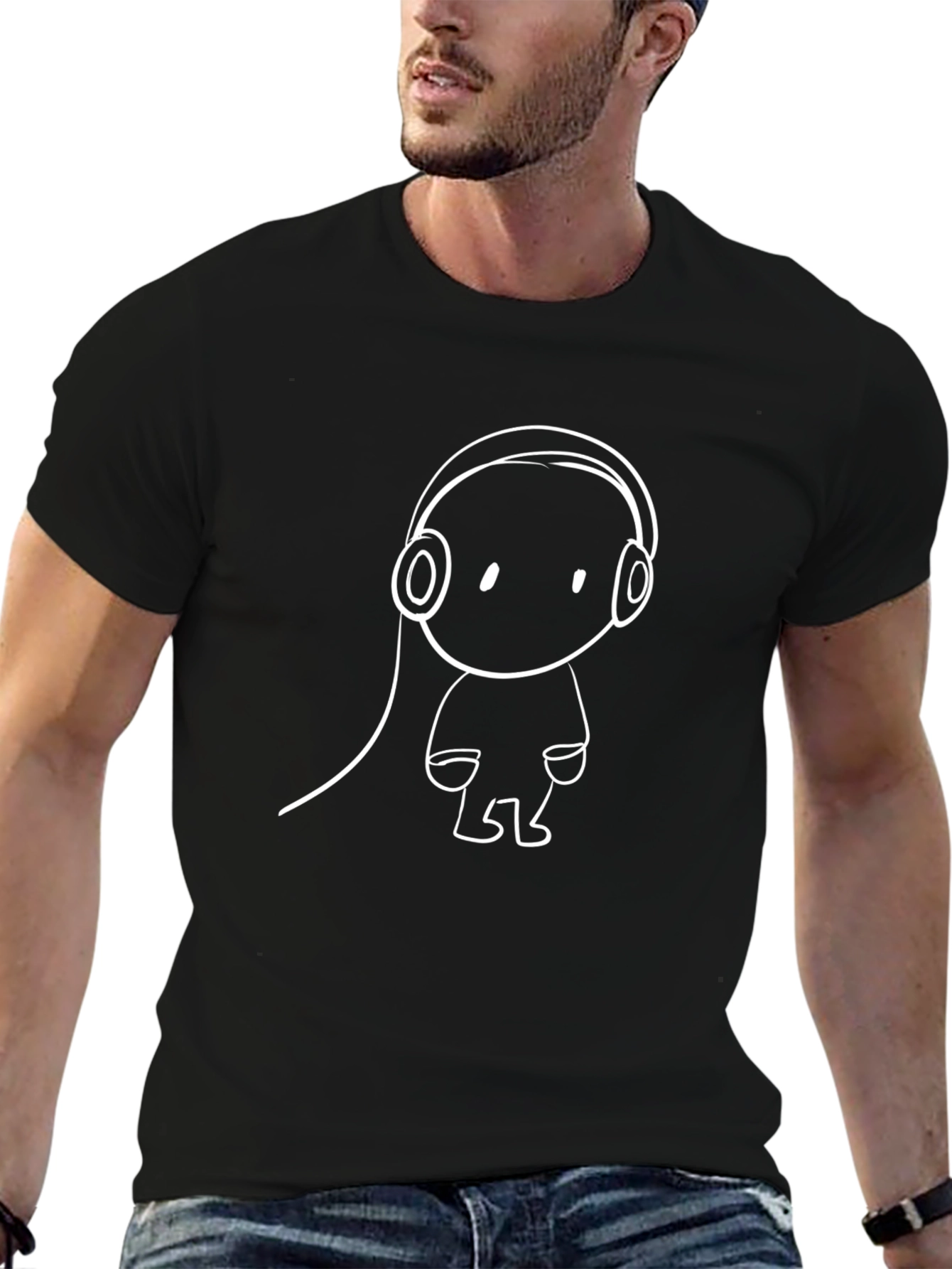 Cool Black T-Shirt with Cartoon Headphones Design