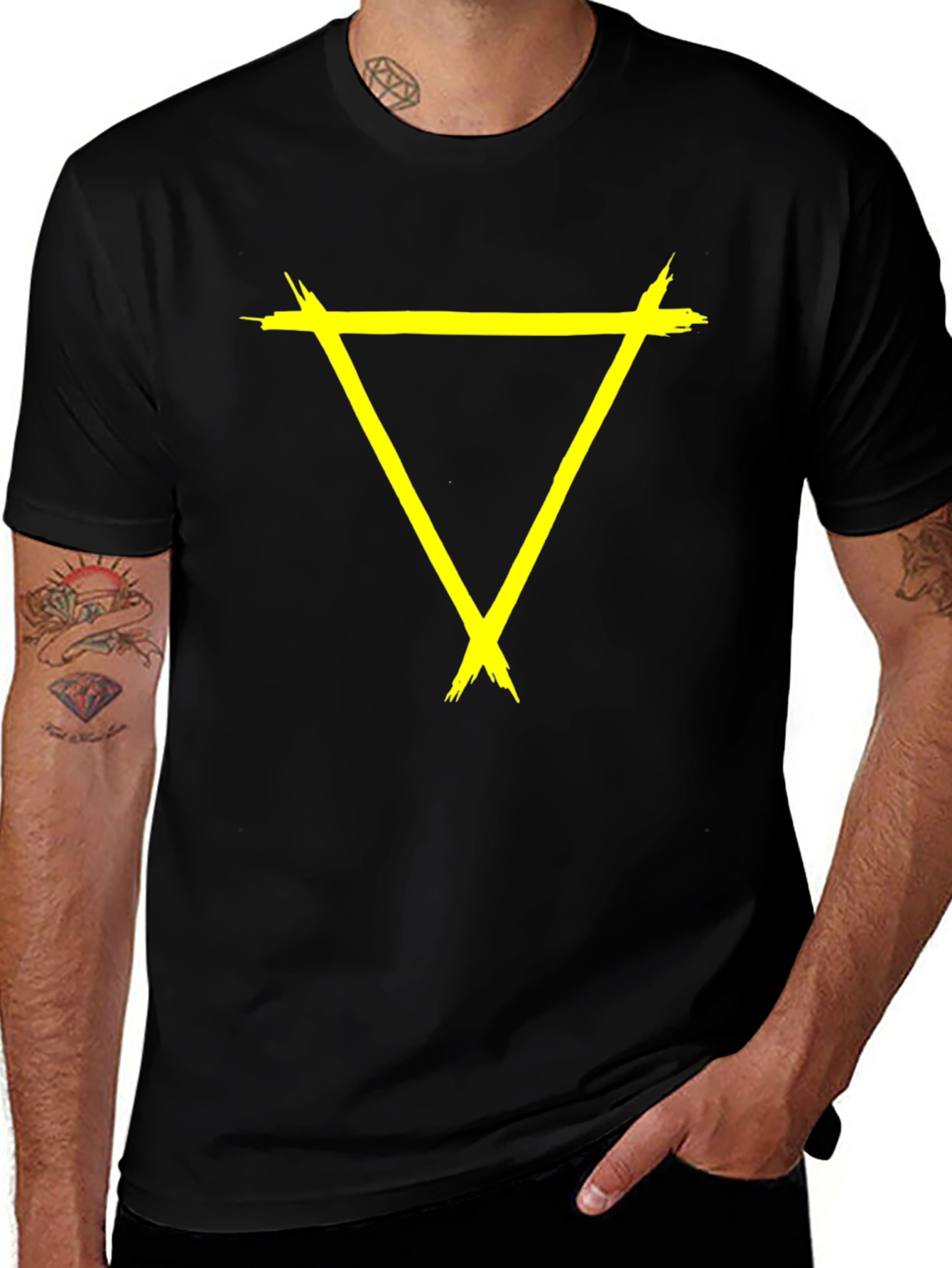 Edgy Yellow Triangle Graphic Black T-Shirt