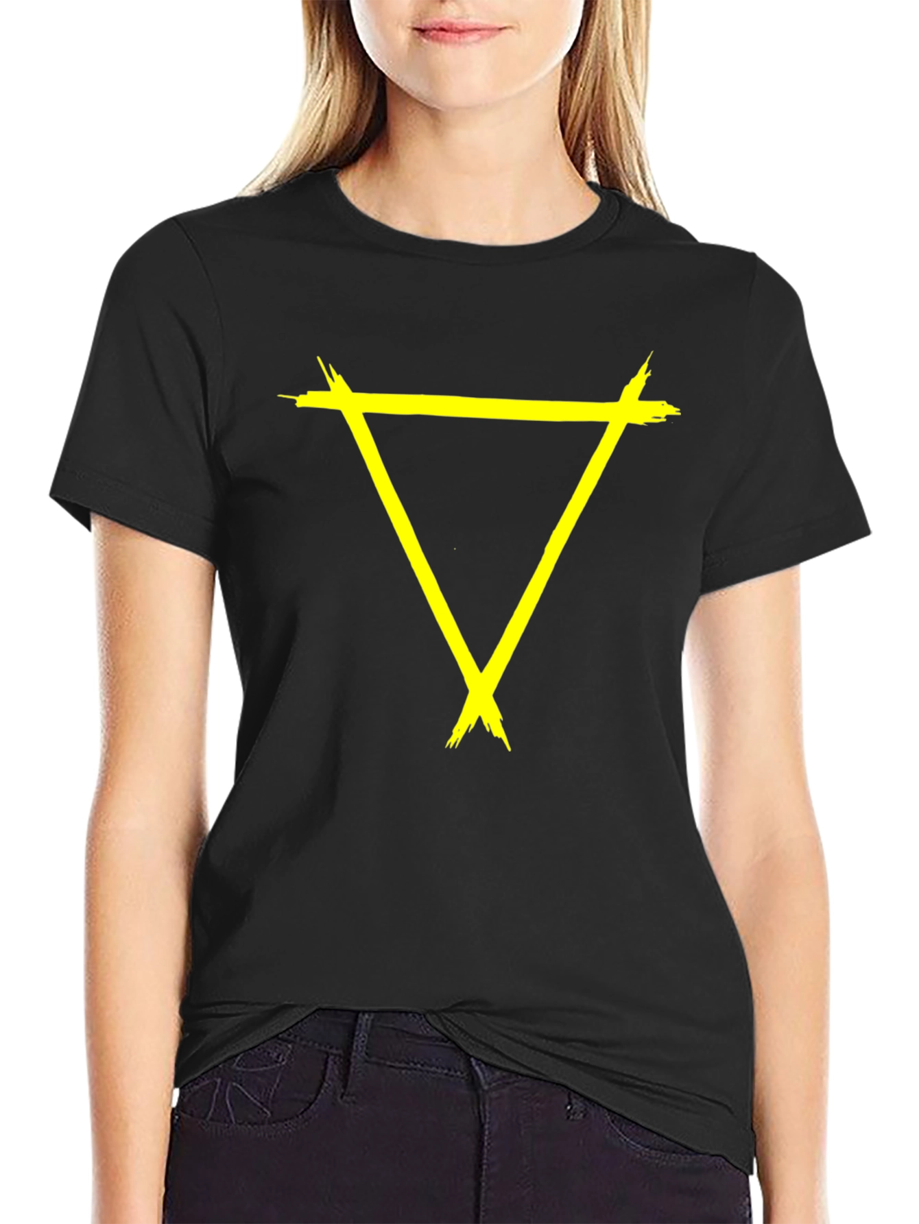 Edgy Yellow Triangle Graphic Black T-Shirt
