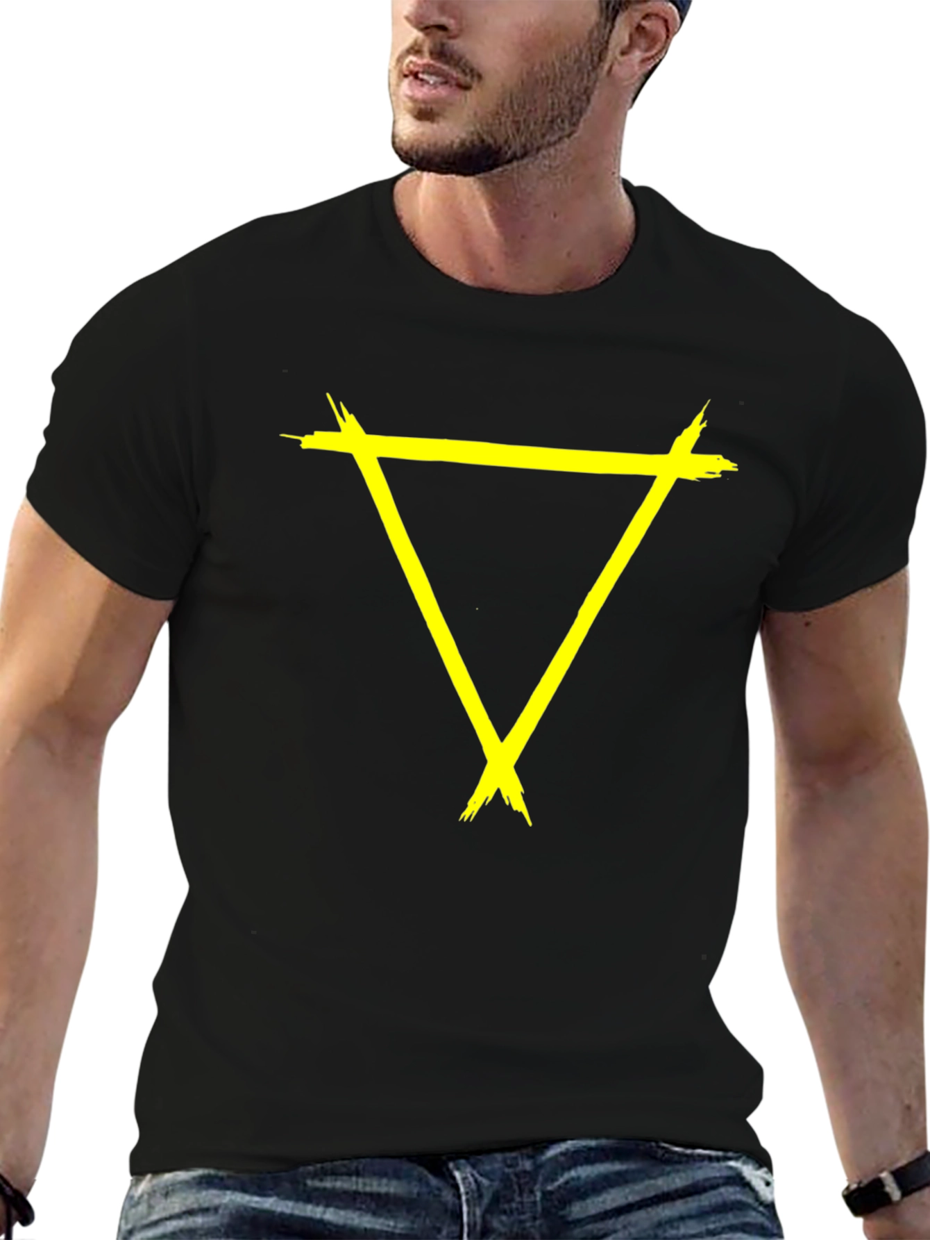 Edgy Yellow Triangle Graphic Black T-Shirt
