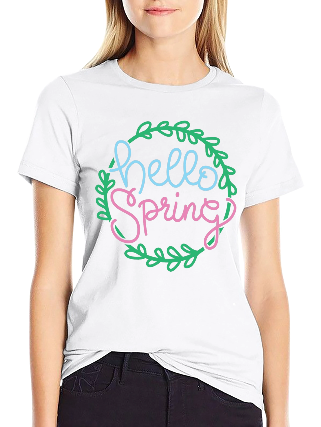 Hello Spring T-Shirt - Black Crew Neck Tee