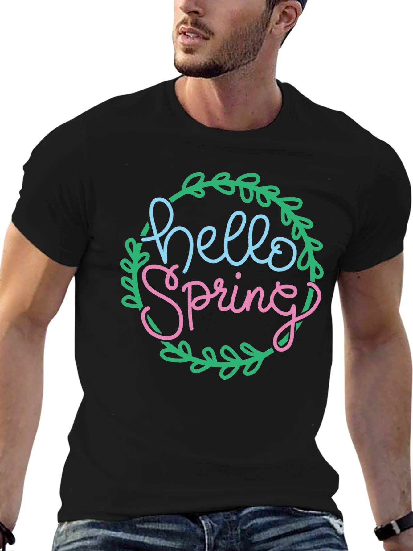 Hello Spring T-Shirt - Black Crew Neck Tee