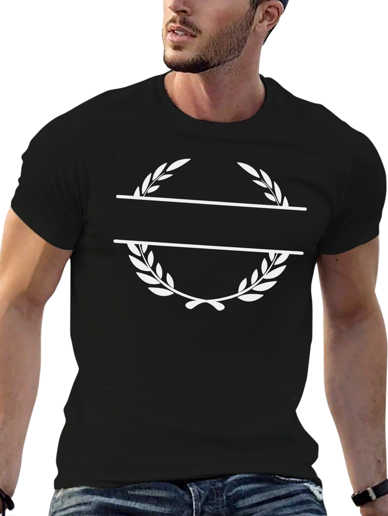 Black Tee with Customizable Laurel Wreath Design