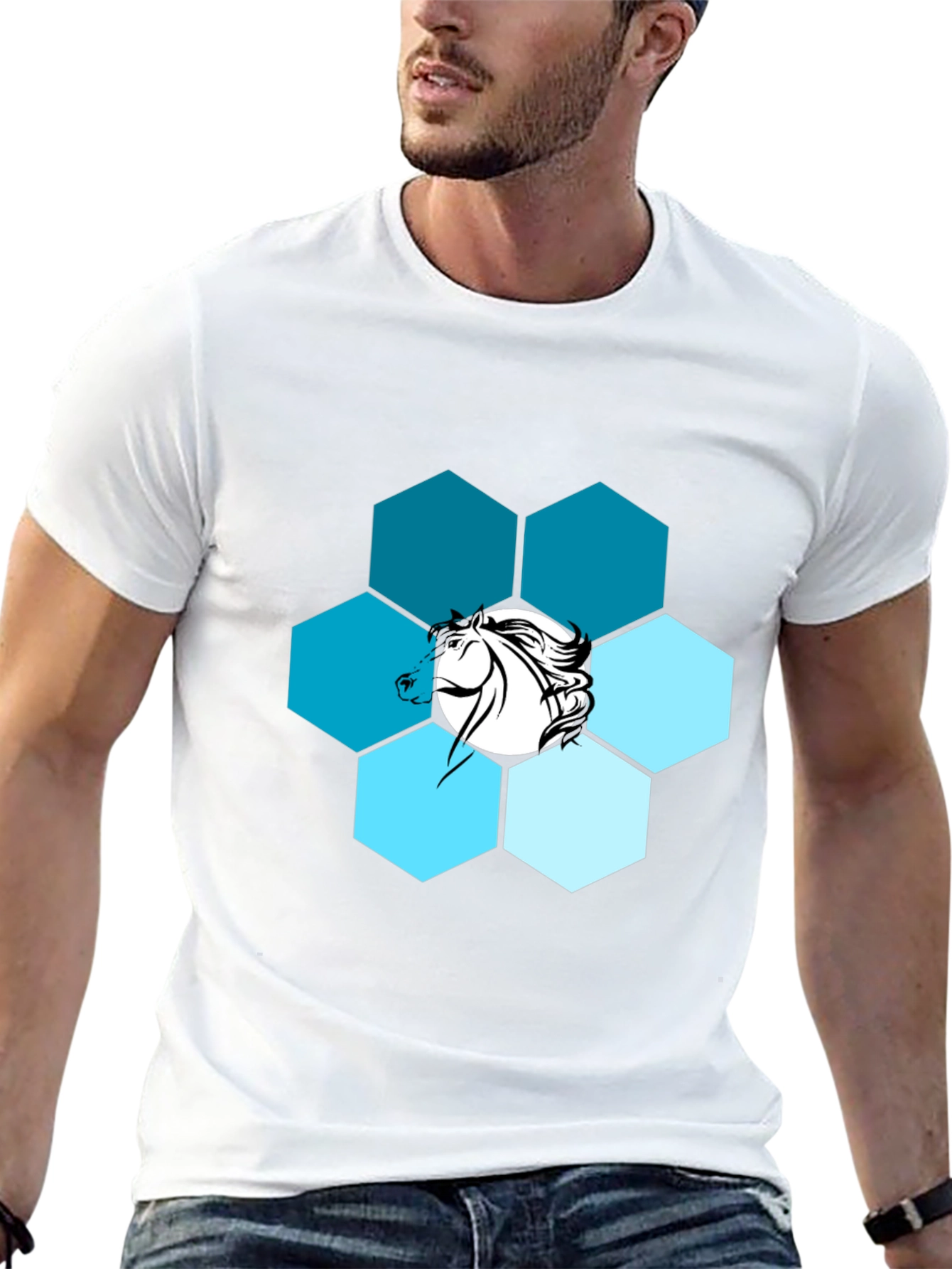 Hexagon Horse Graphic Print Crew Neck T-Shirt