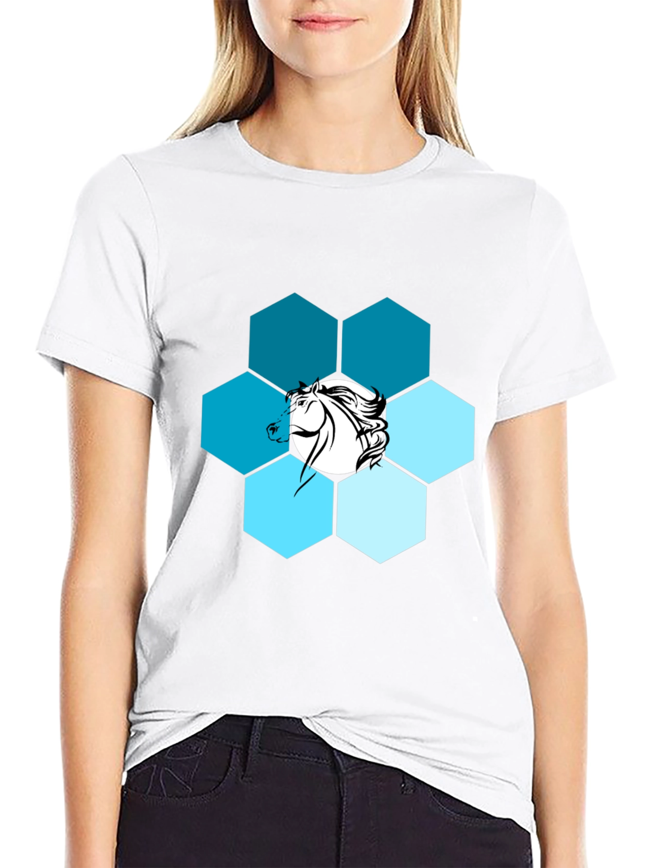 Hexagon Horse Graphic Print Crew Neck T-Shirt