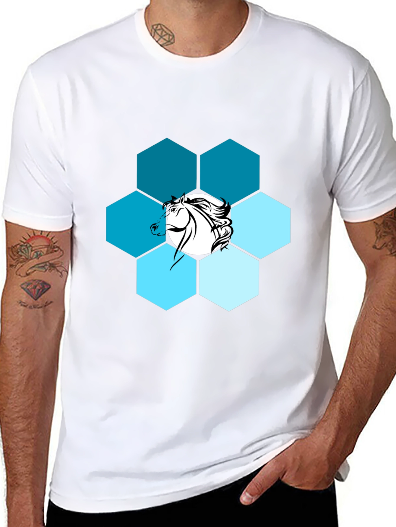 Hexagon Horse Graphic Print Crew Neck T-Shirt