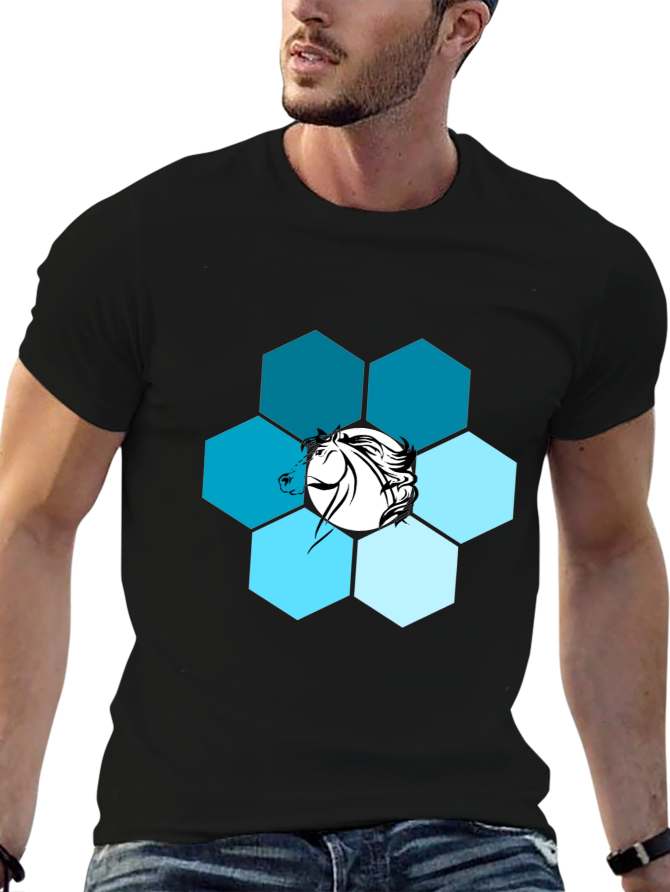 Hexagon Horse Graphic Print Crew Neck T-Shirt
