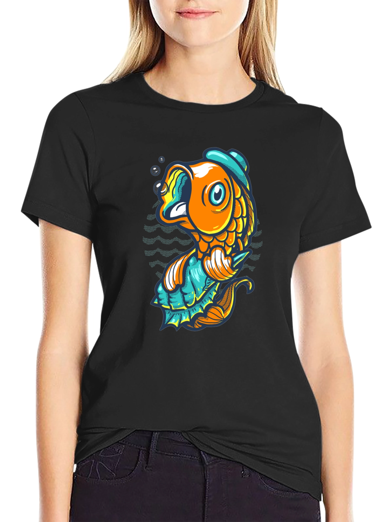 Black T-Shirt with Cartoon Fish Graphic