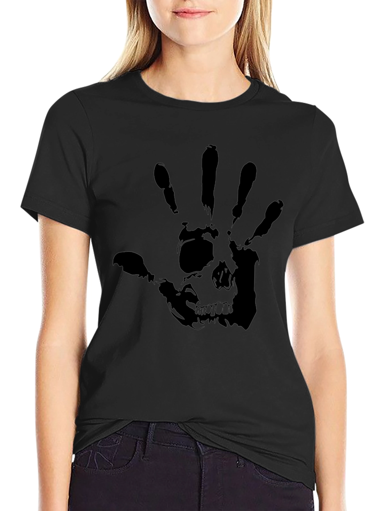 Skull Handprint Graphic Black T-Shirt
