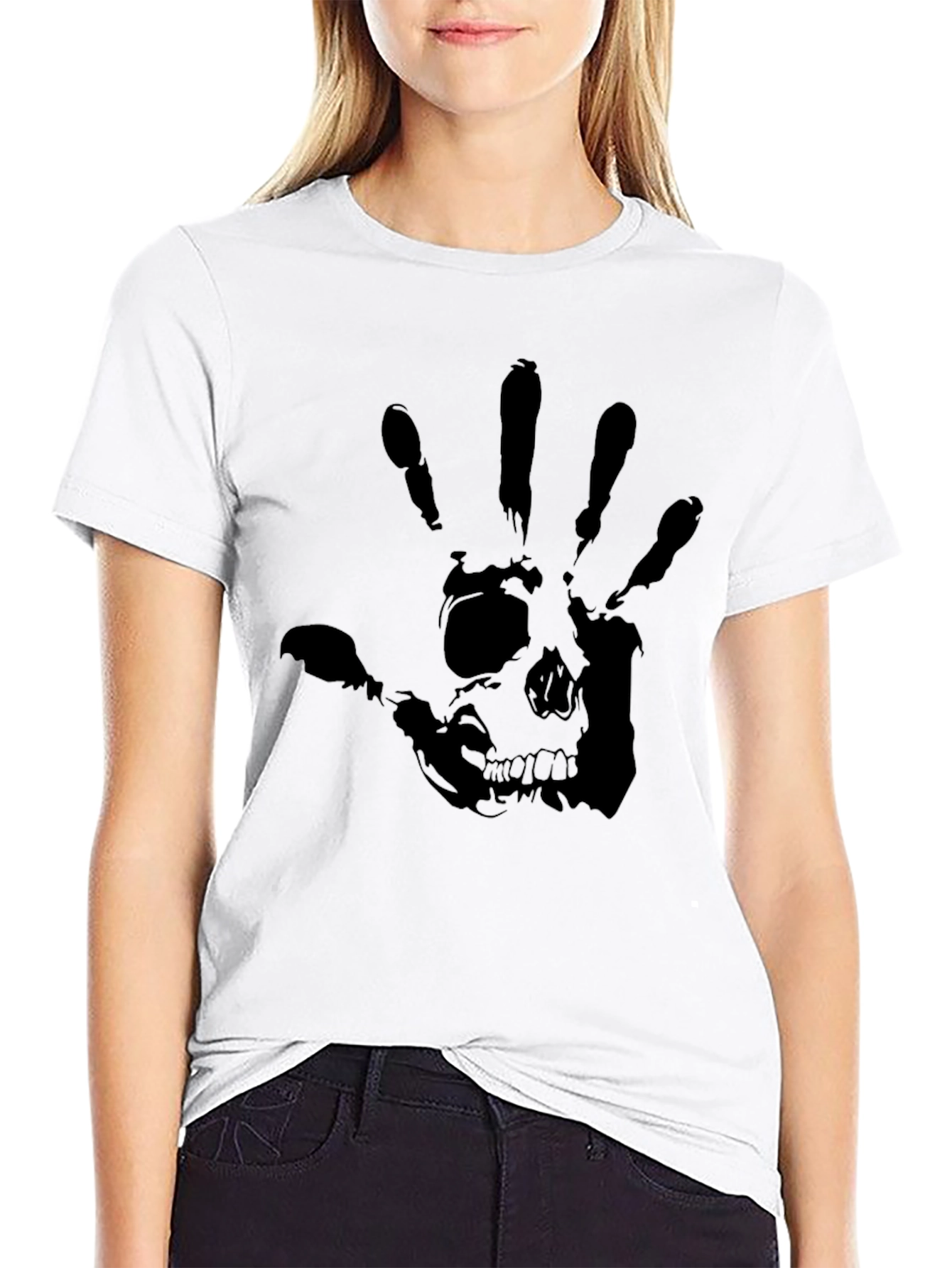 Skull Handprint Graphic Black T-Shirt