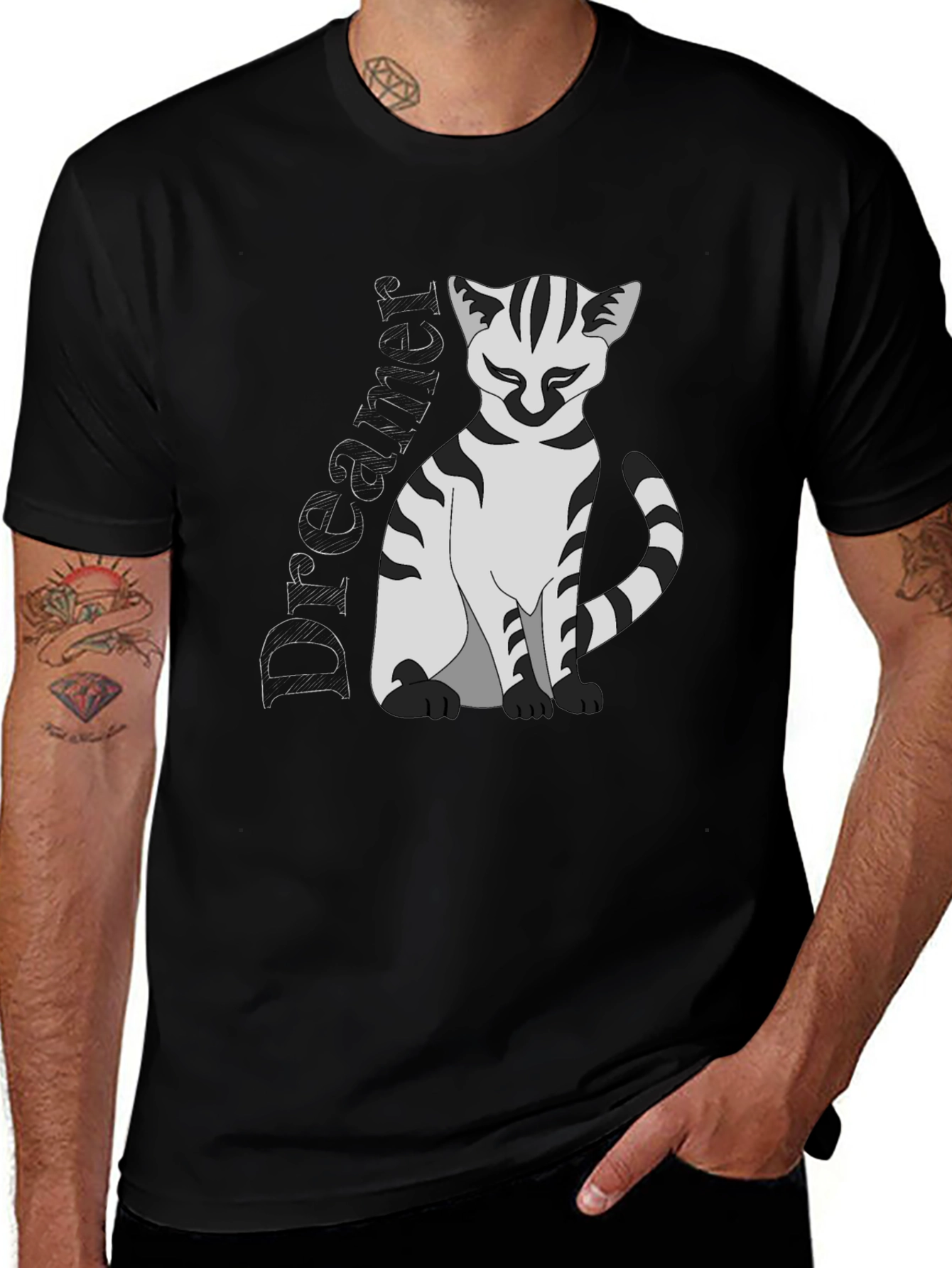Dreamer Cat Graphic T-Shirt - Black