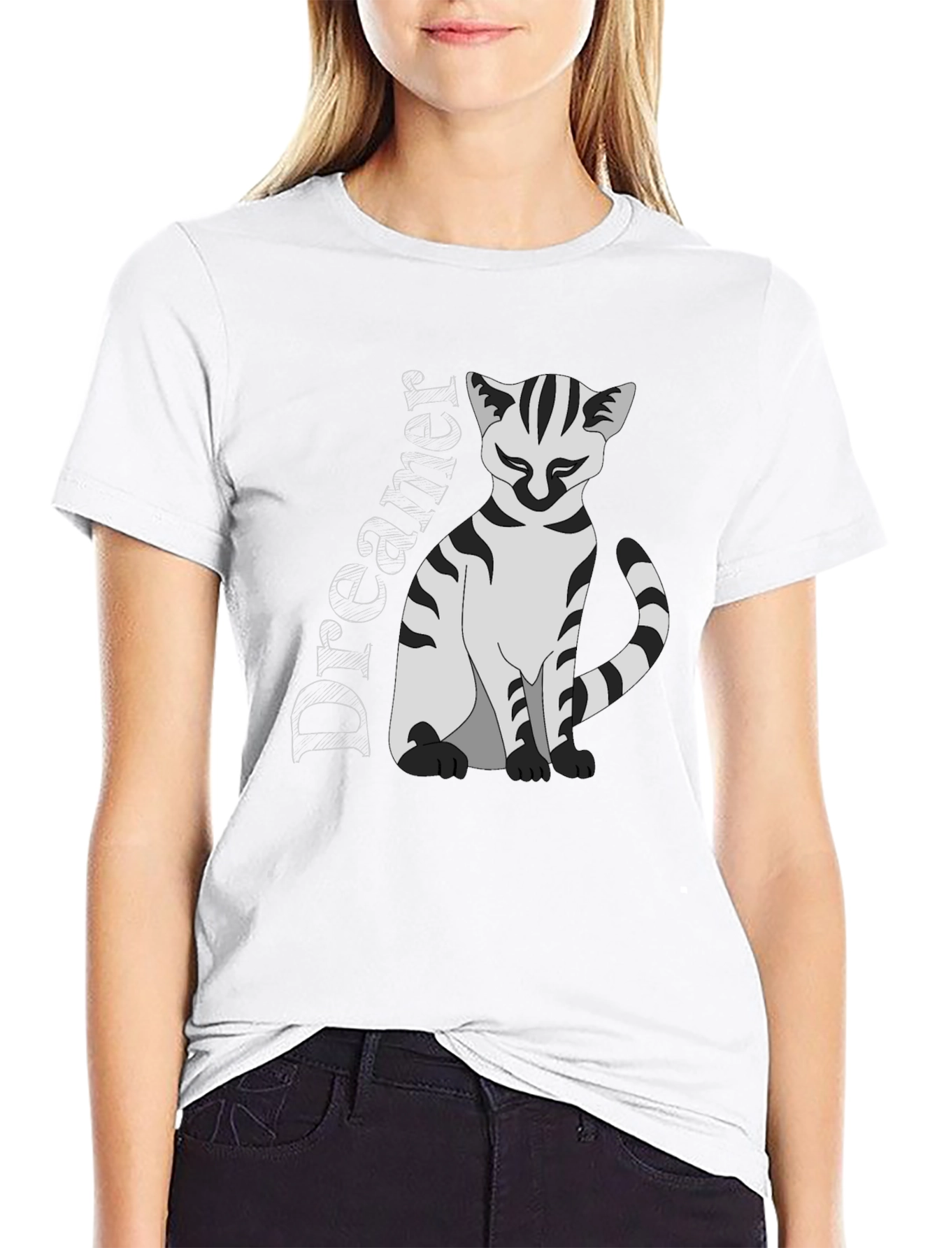 Dreamer Cat Graphic T-Shirt - Black