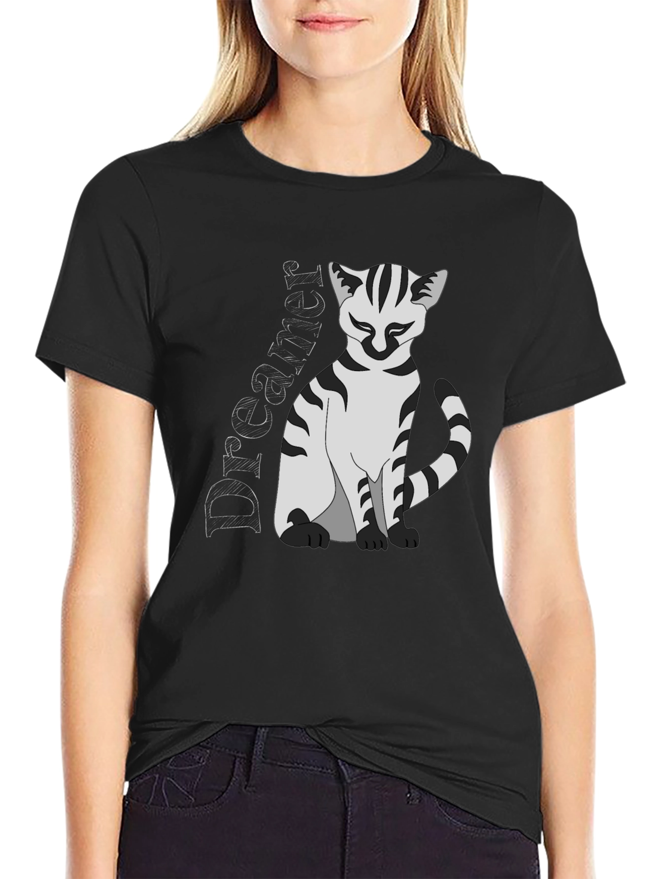 Dreamer Cat Graphic T-Shirt - Black
