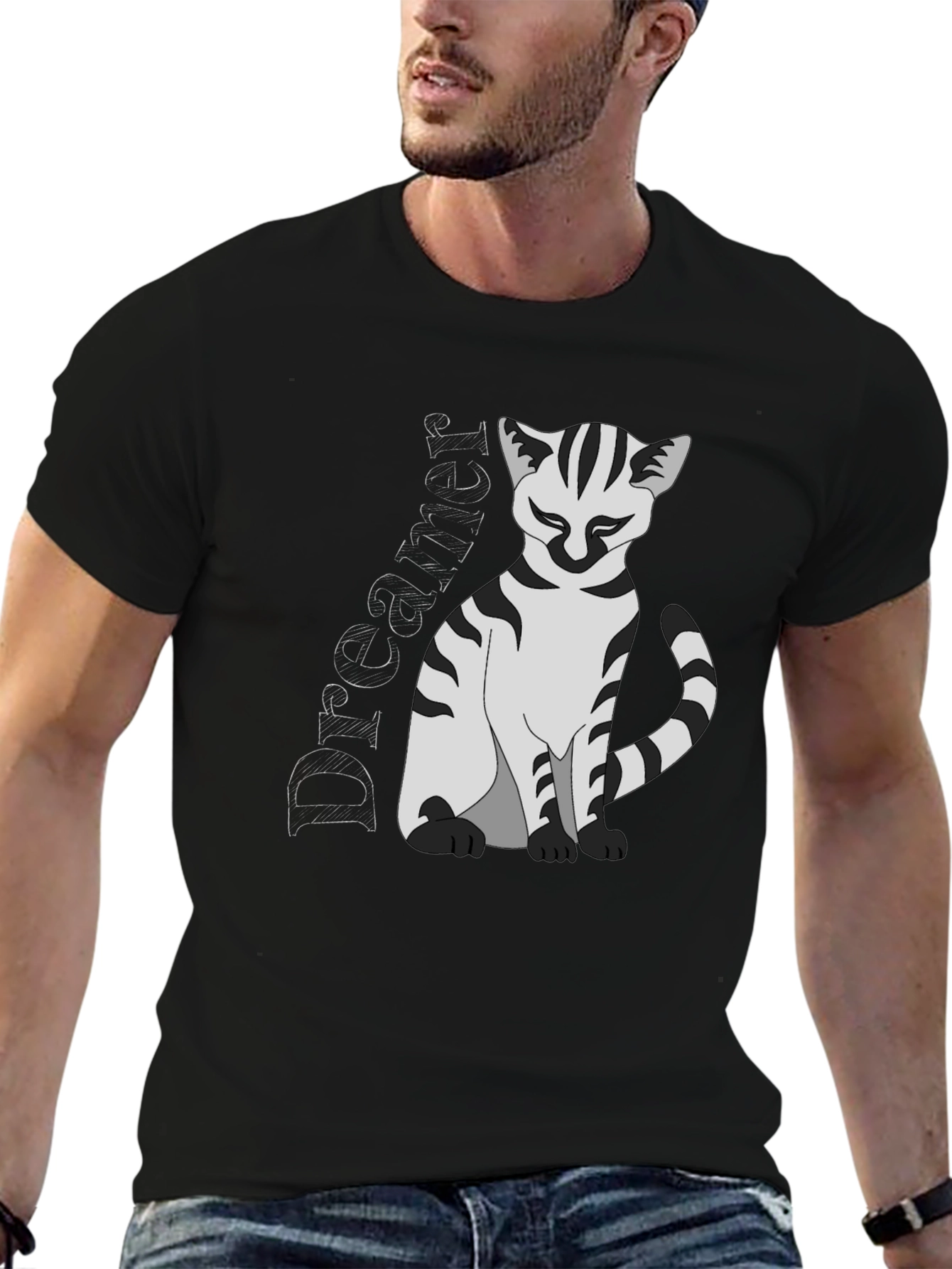 Dreamer Cat Graphic T-Shirt - Black