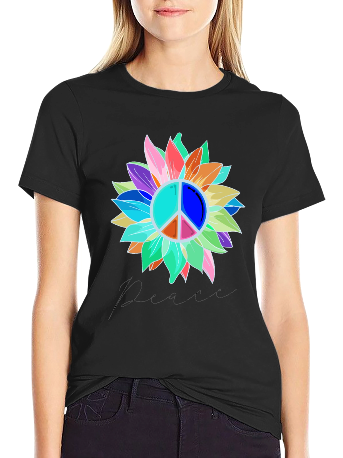Peace Sign Sunflower Graphic Tee - Black