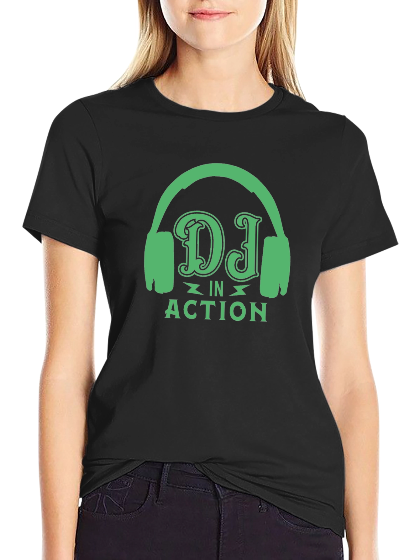 DJ in Action Black T-Shirt with Headphone Design