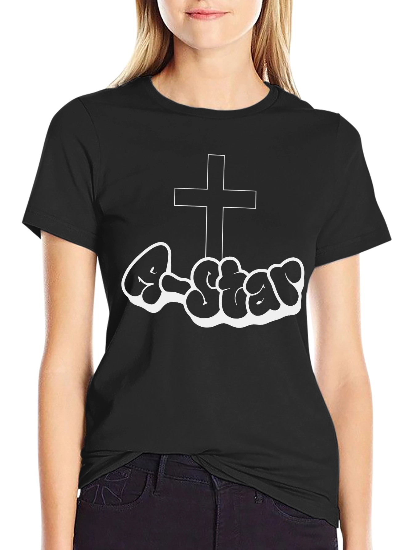 Christian Style Black T-Shirt with Cross and Graffiti