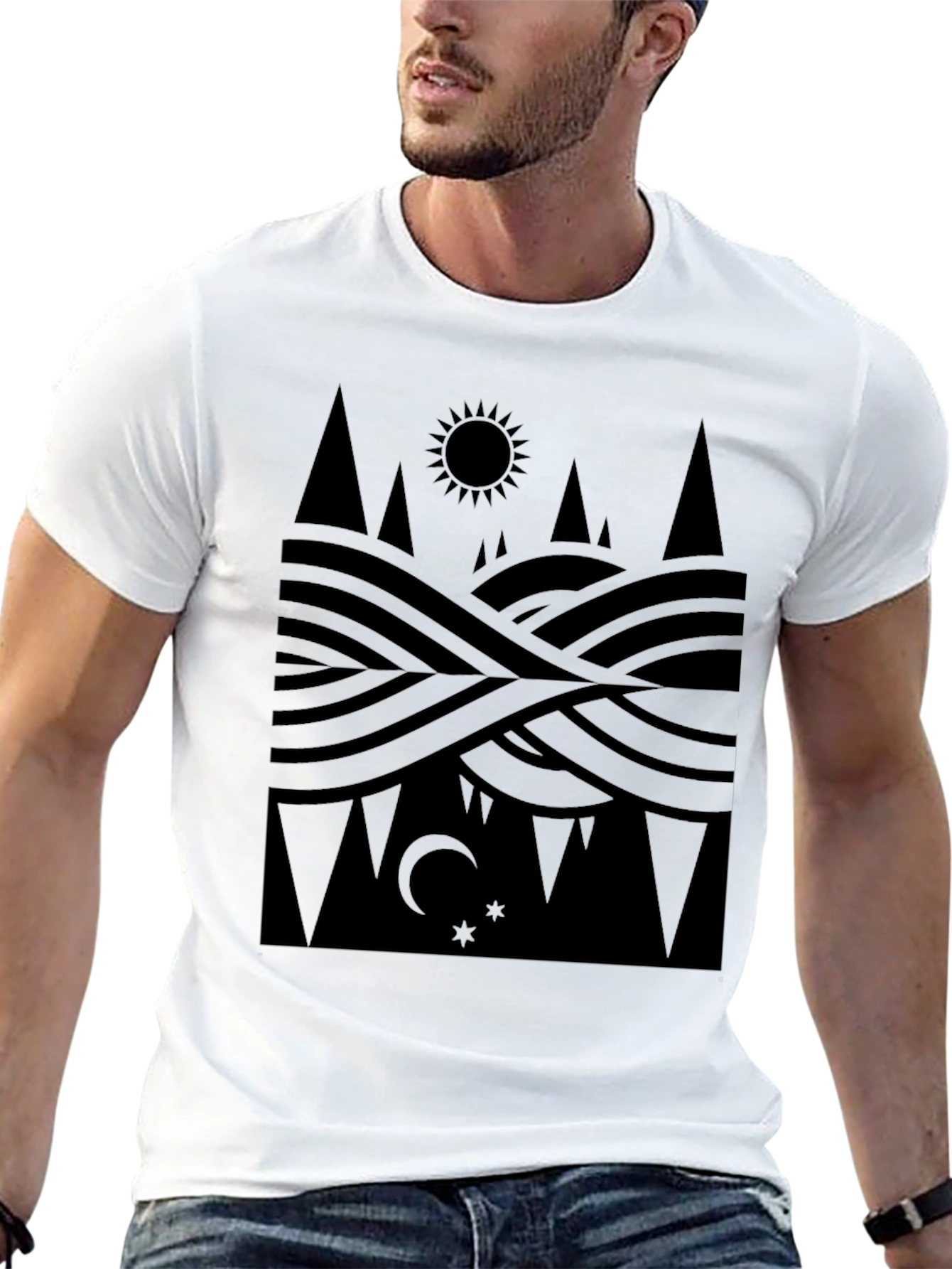 Geometric Nature Tee - Sun Moon and Landscape Shirt