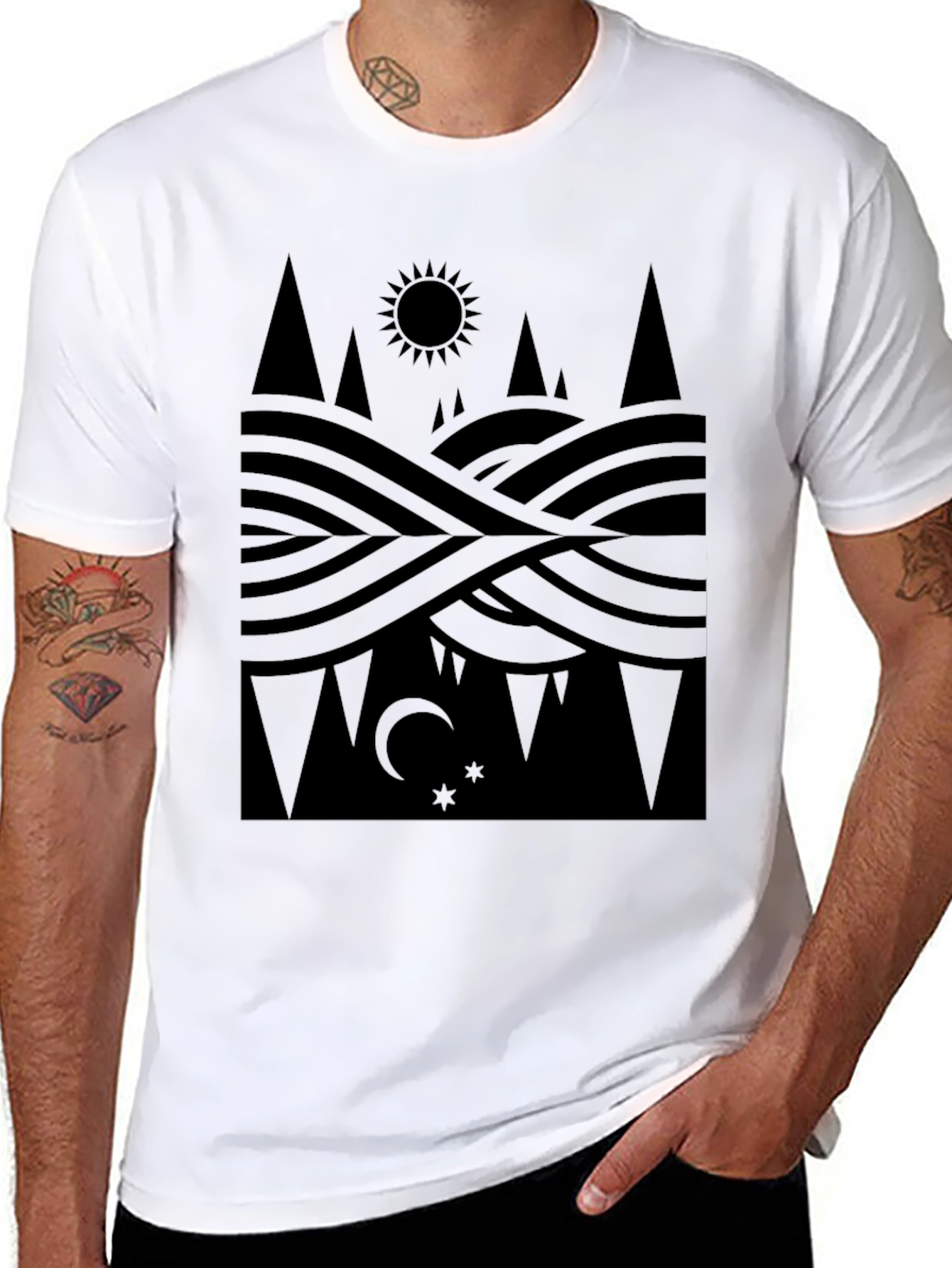 Geometric Nature Tee - Sun Moon and Landscape Shirt