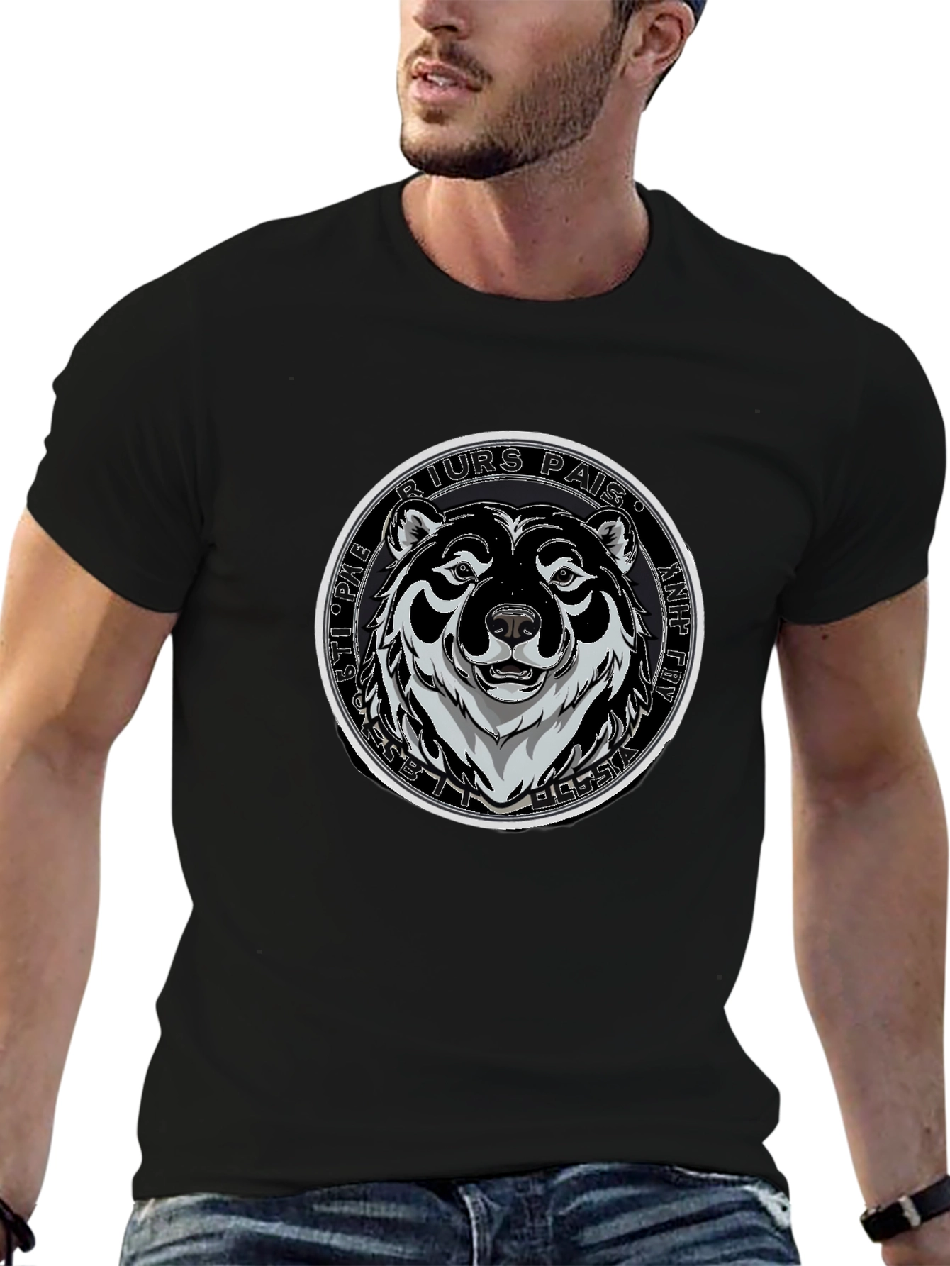 Bear Graphic Black T-Shirt - Mens Crew Neck