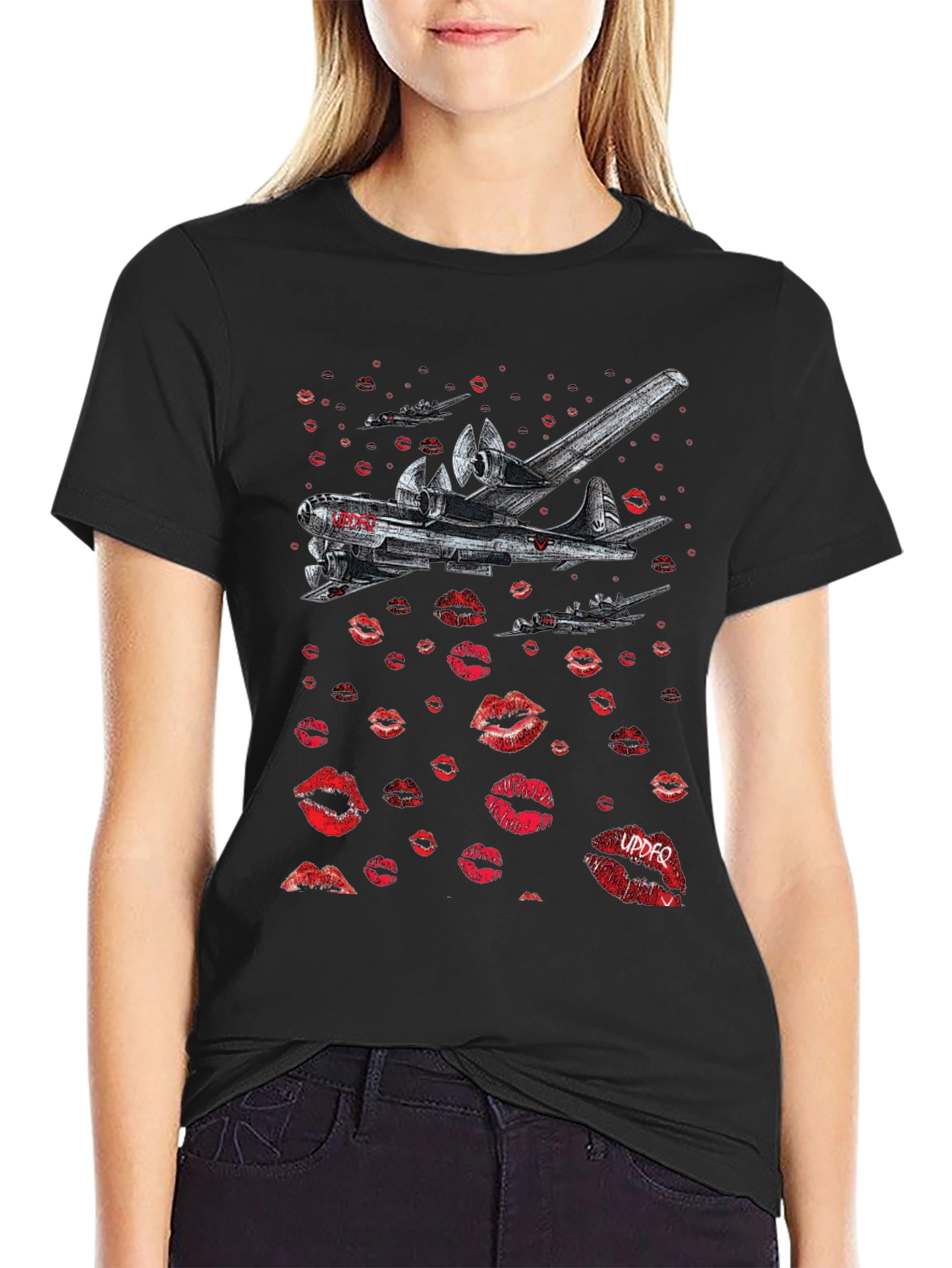 Bomber Plane Lips Print Graphic Tee - Unique Design
