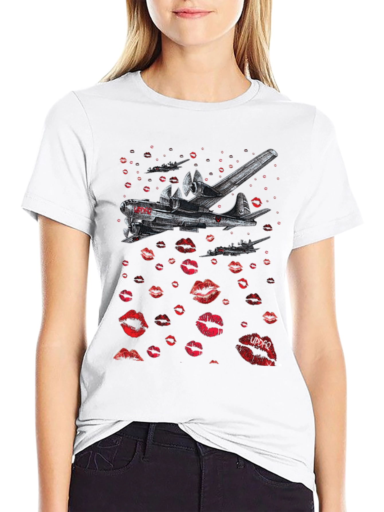 Bomber Plane Lips Print Graphic Tee - Unique Design