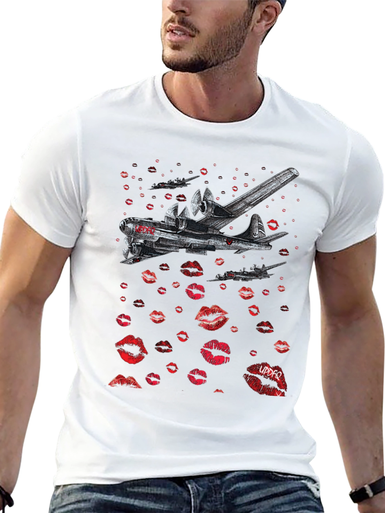 Bomber Plane Lips Print Graphic Tee - Unique Design