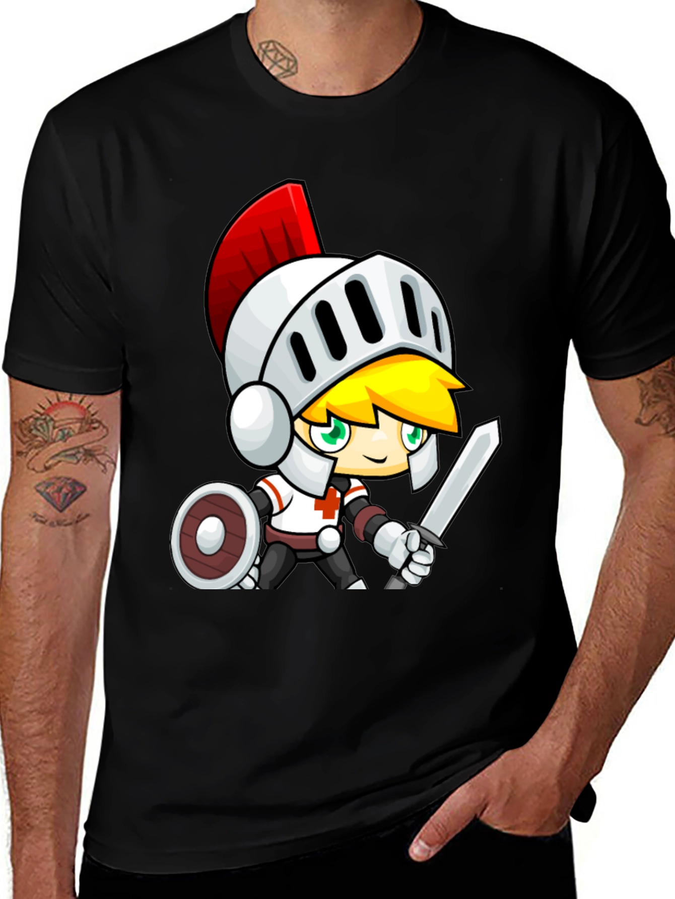 Cartoon Knight Black T-Shirt - Gaming Apparel