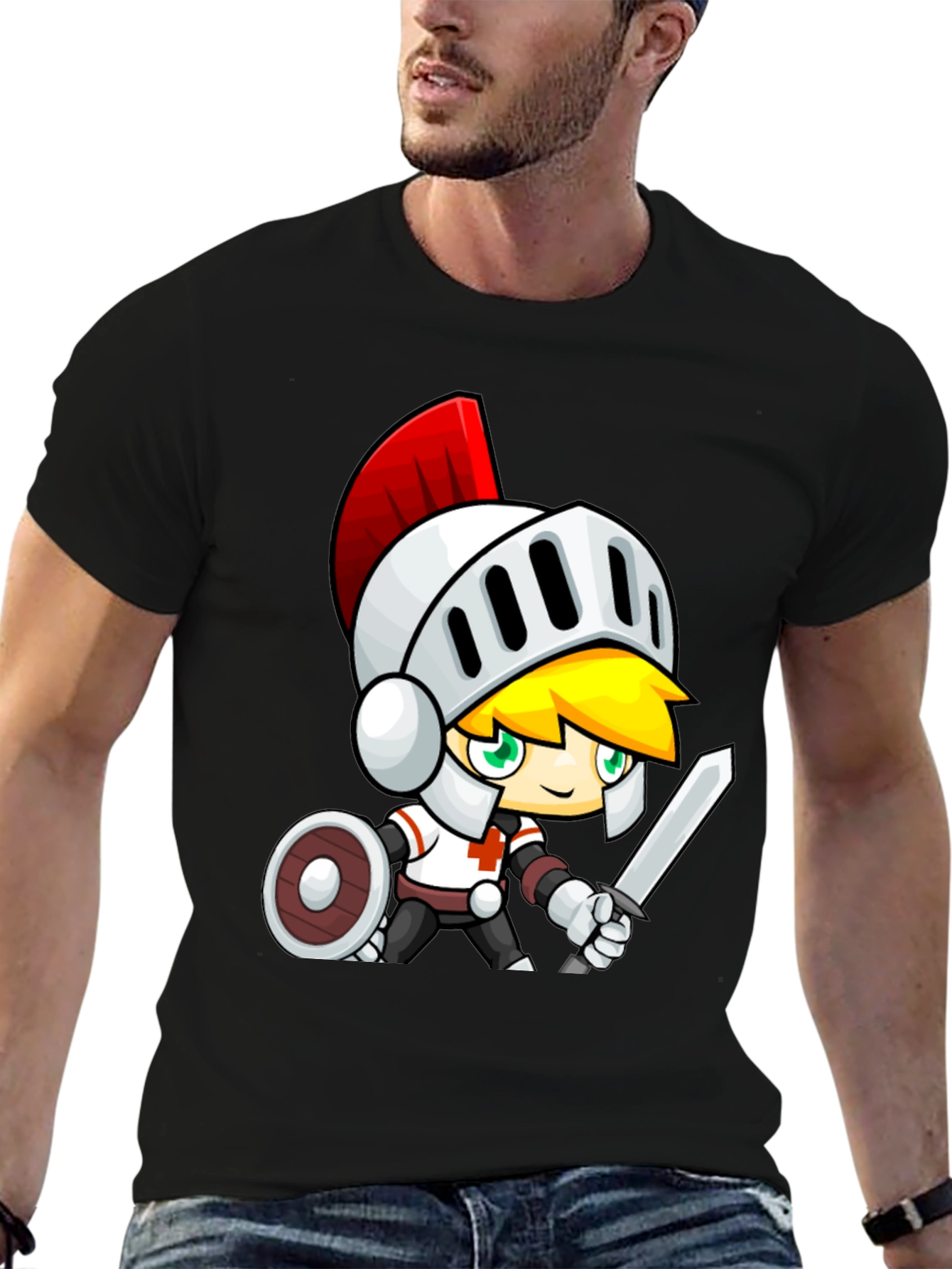 Cartoon Knight Black T-Shirt - Gaming Apparel