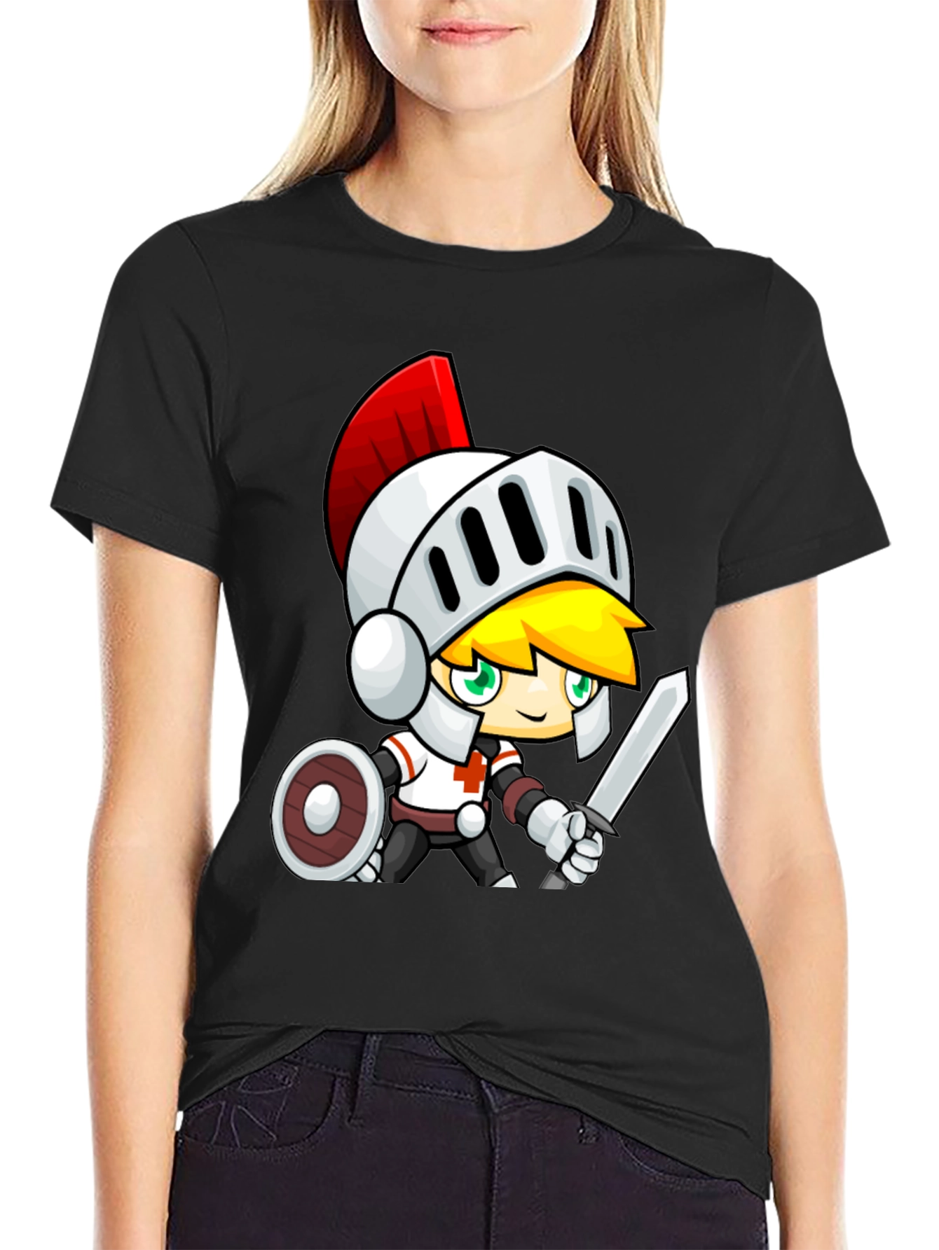 Cartoon Knight Black T-Shirt - Gaming Apparel