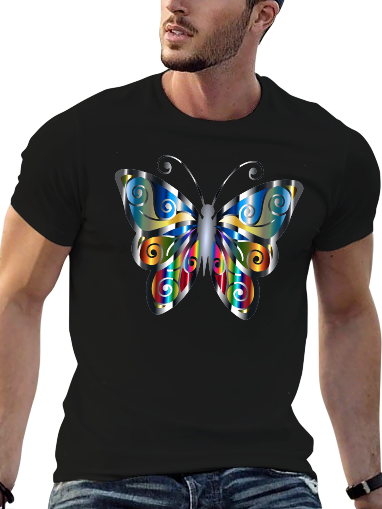 Butterfly Graphic Print Mens Black T-Shirt