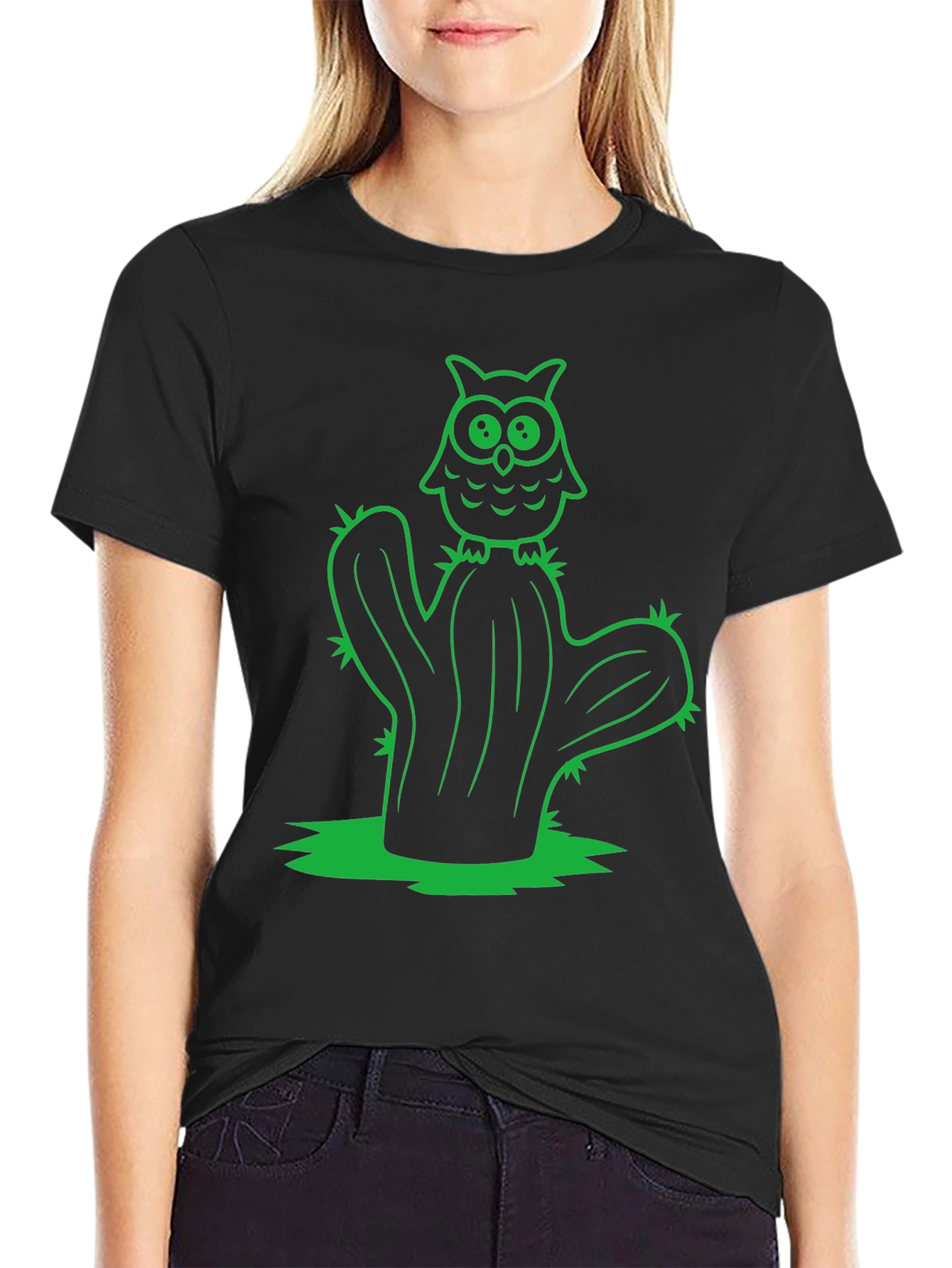 Owl Cactus Black T-Shirt - Novelty Graphic Tee