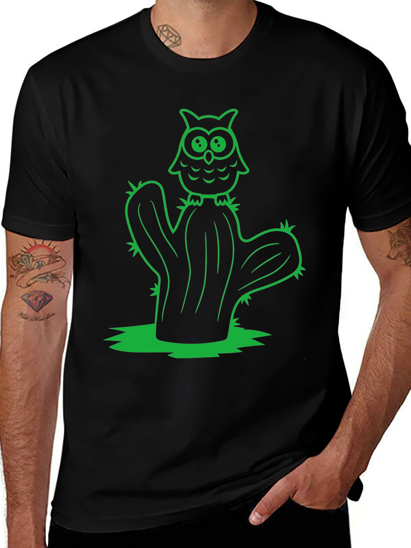 Owl Cactus Black T-Shirt - Novelty Graphic Tee