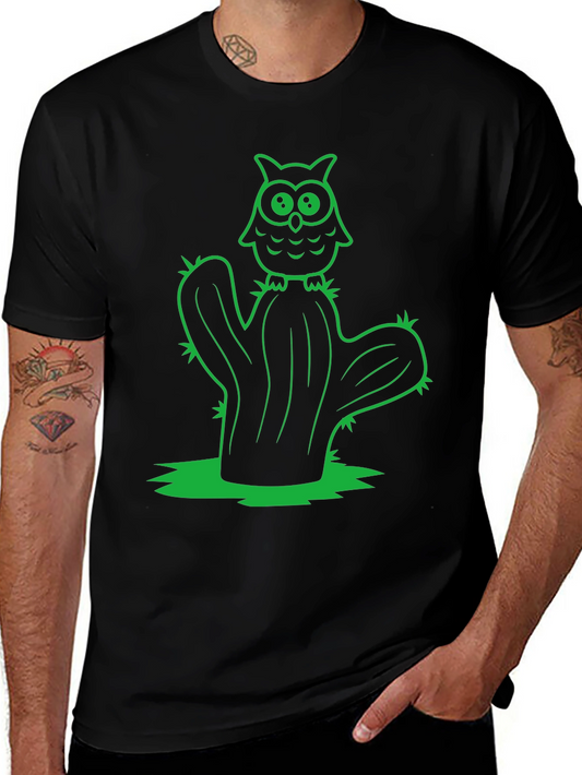 Owl Cactus Black T-Shirt - Novelty Graphic Tee