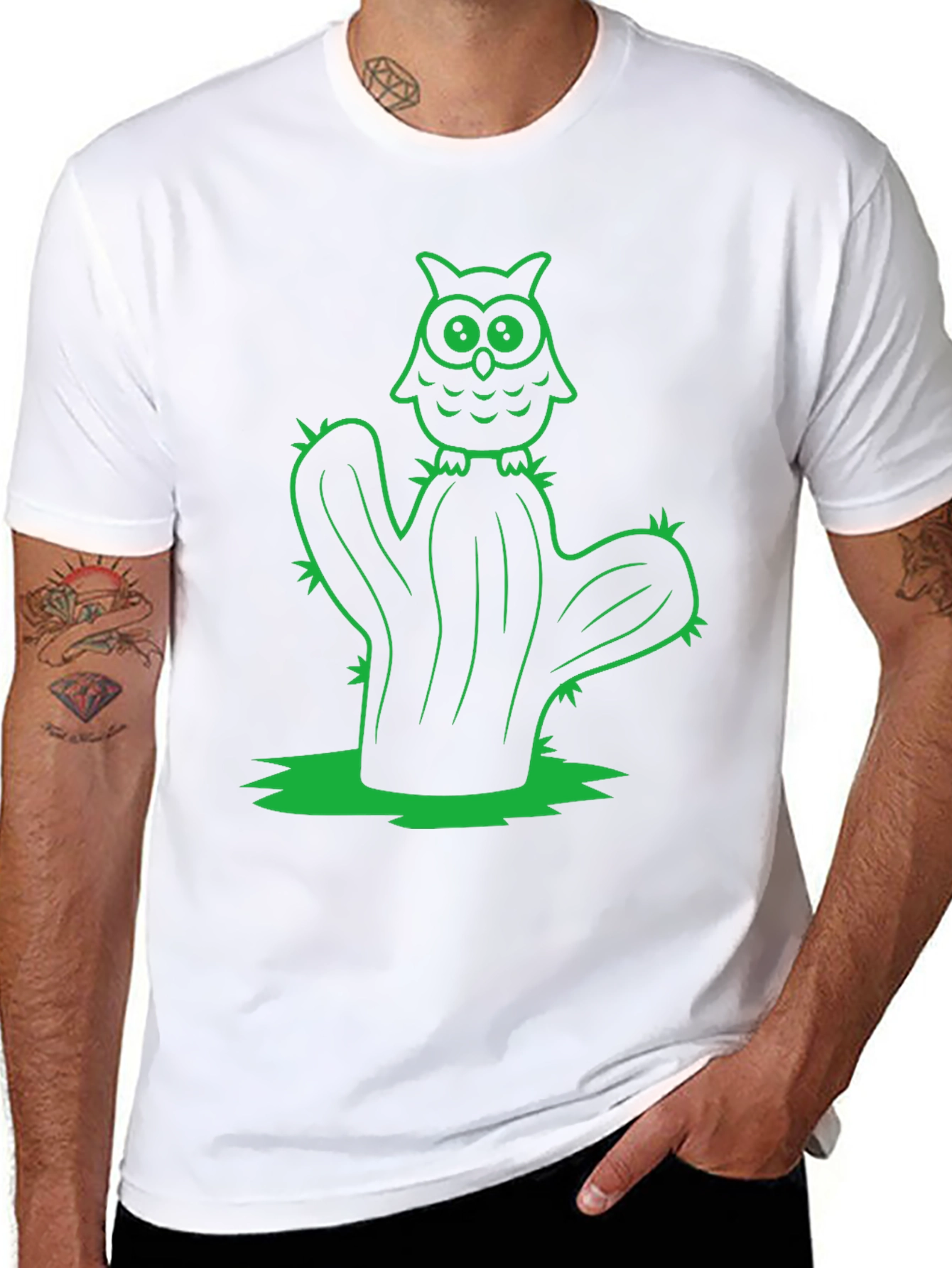 Owl Cactus Black T-Shirt - Novelty Graphic Tee