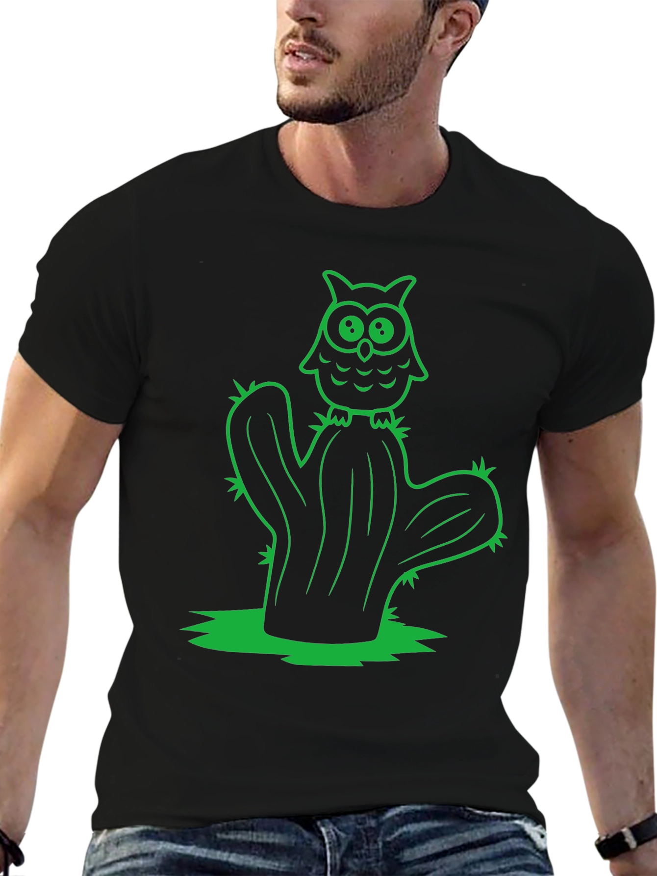 Owl Cactus Black T-Shirt - Novelty Graphic Tee